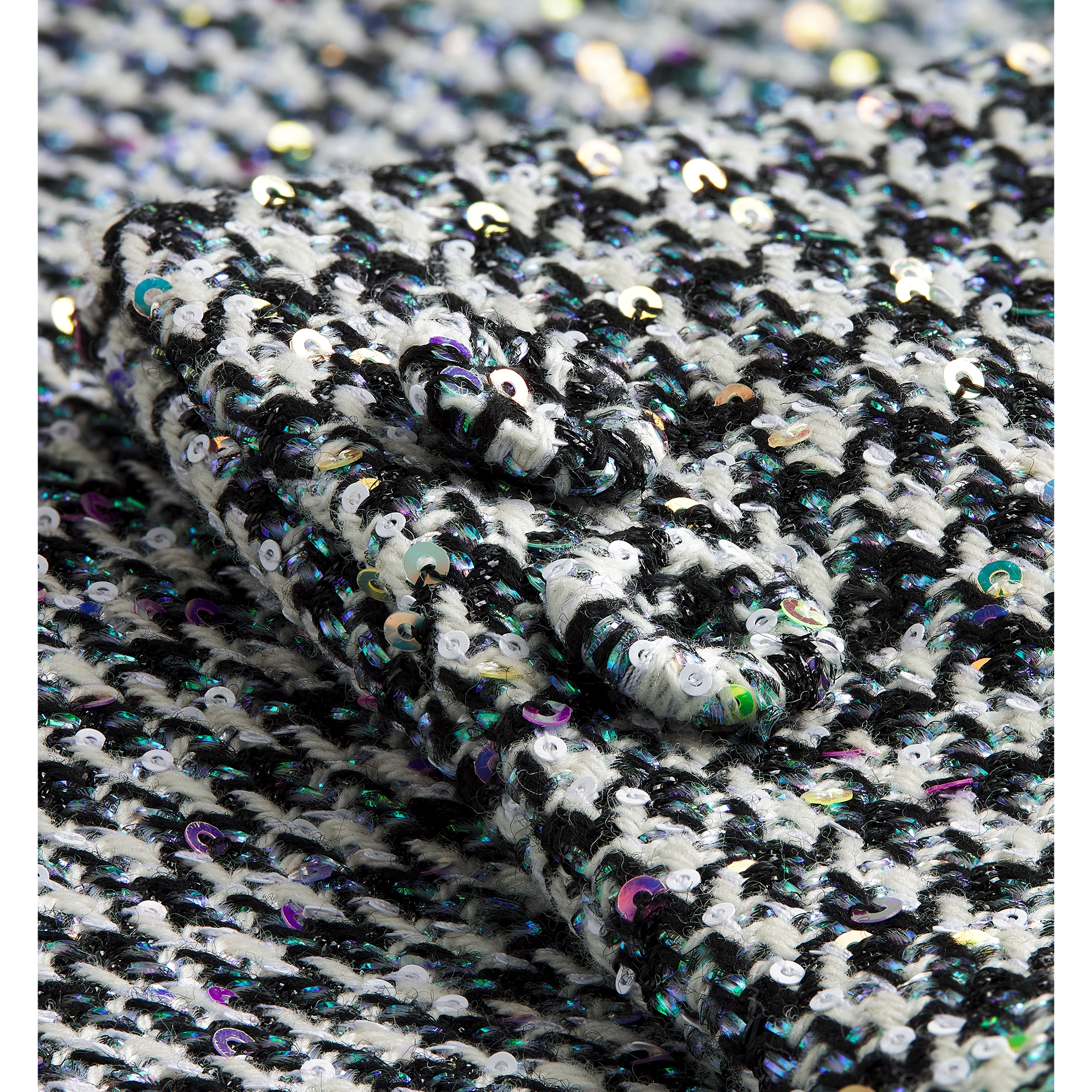 Fitted Jacket Black and White Houndstooth Virgin Wool Blend with Multicolor Sequins E10