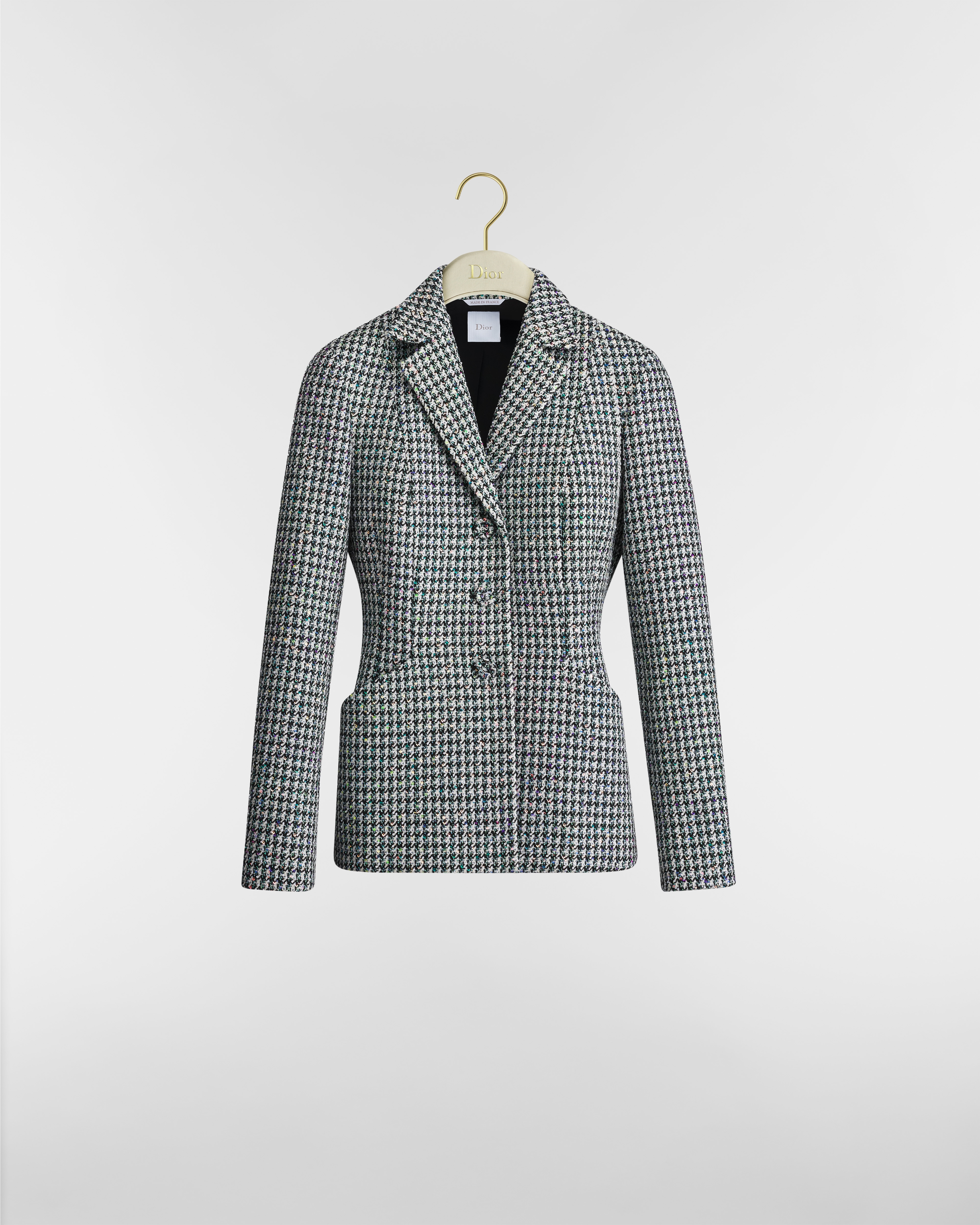 Bar Jacket Black and White Houndstooth Virgin Wool Blend with Multicolor Sequins E01