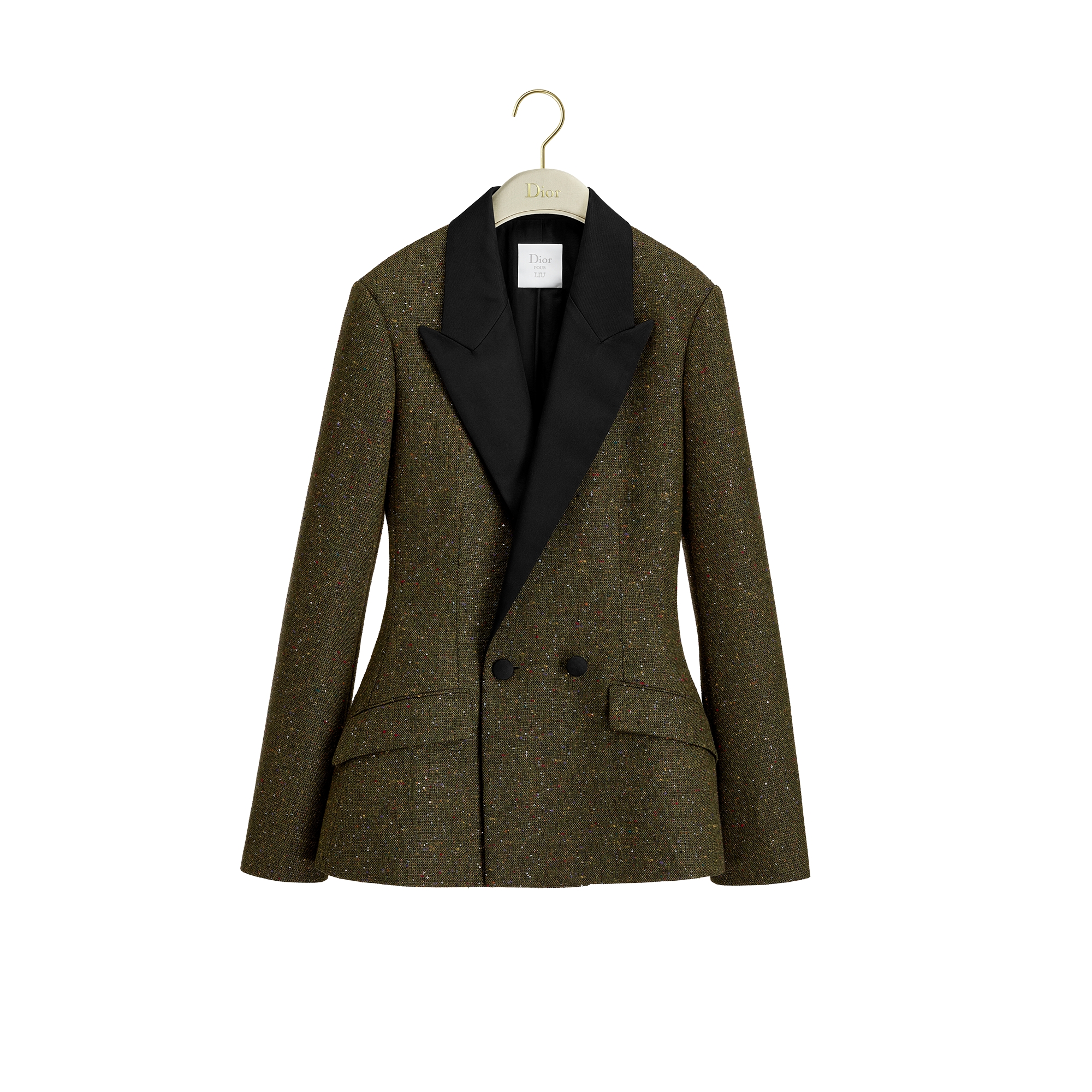 Fitted Jacket Khaki Silk-Virgin-Wool-Blend Tweed Embroidered with