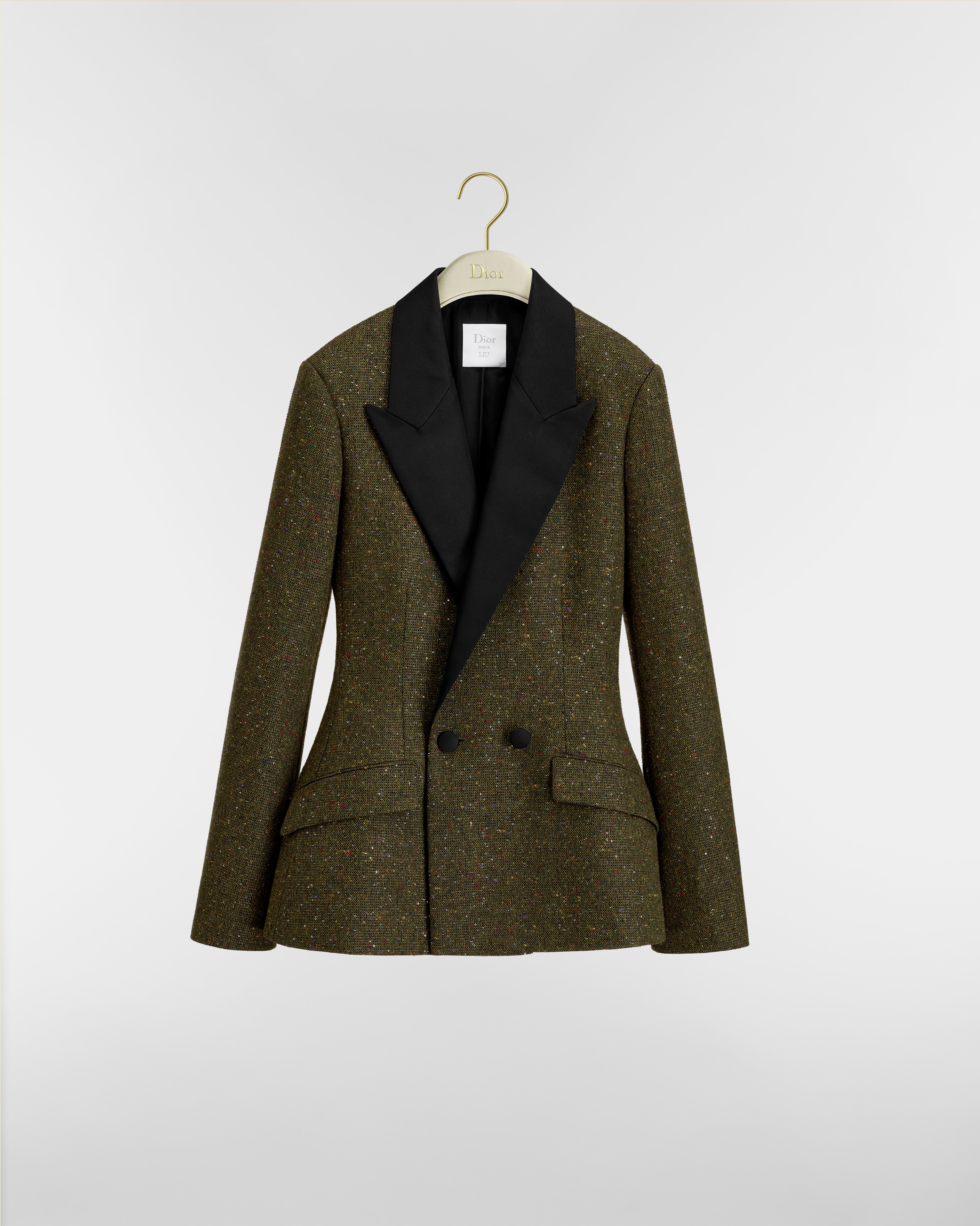 Fitted Jacket Khaki Silk-Virgin-Wool-Blend Tweed Embroidered with Multicolor Sequins E01