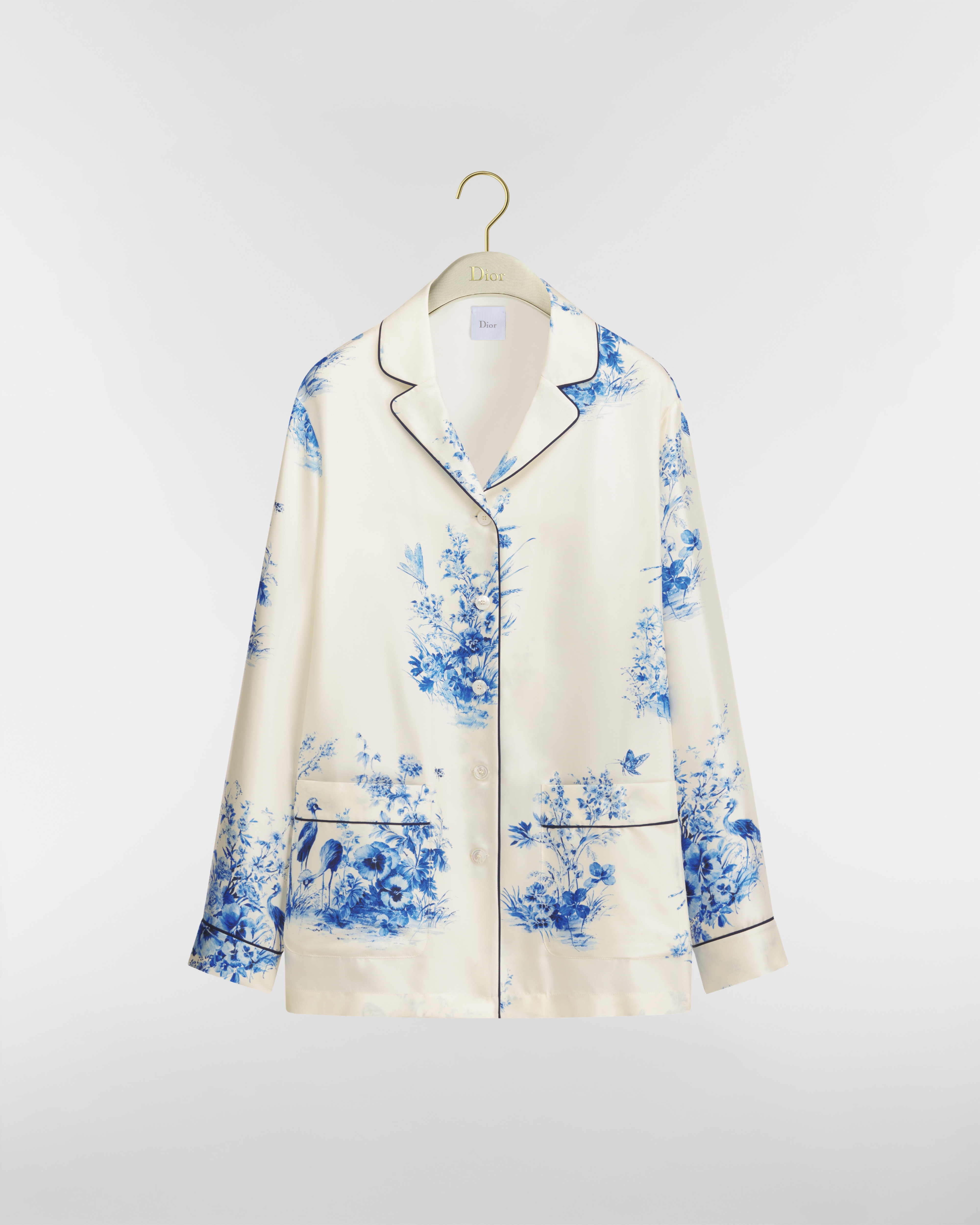 Dioriviera Hemd Seidentwill in Weiß mit Toile de Jouy Floral Garden Motiv in Marineblau E01