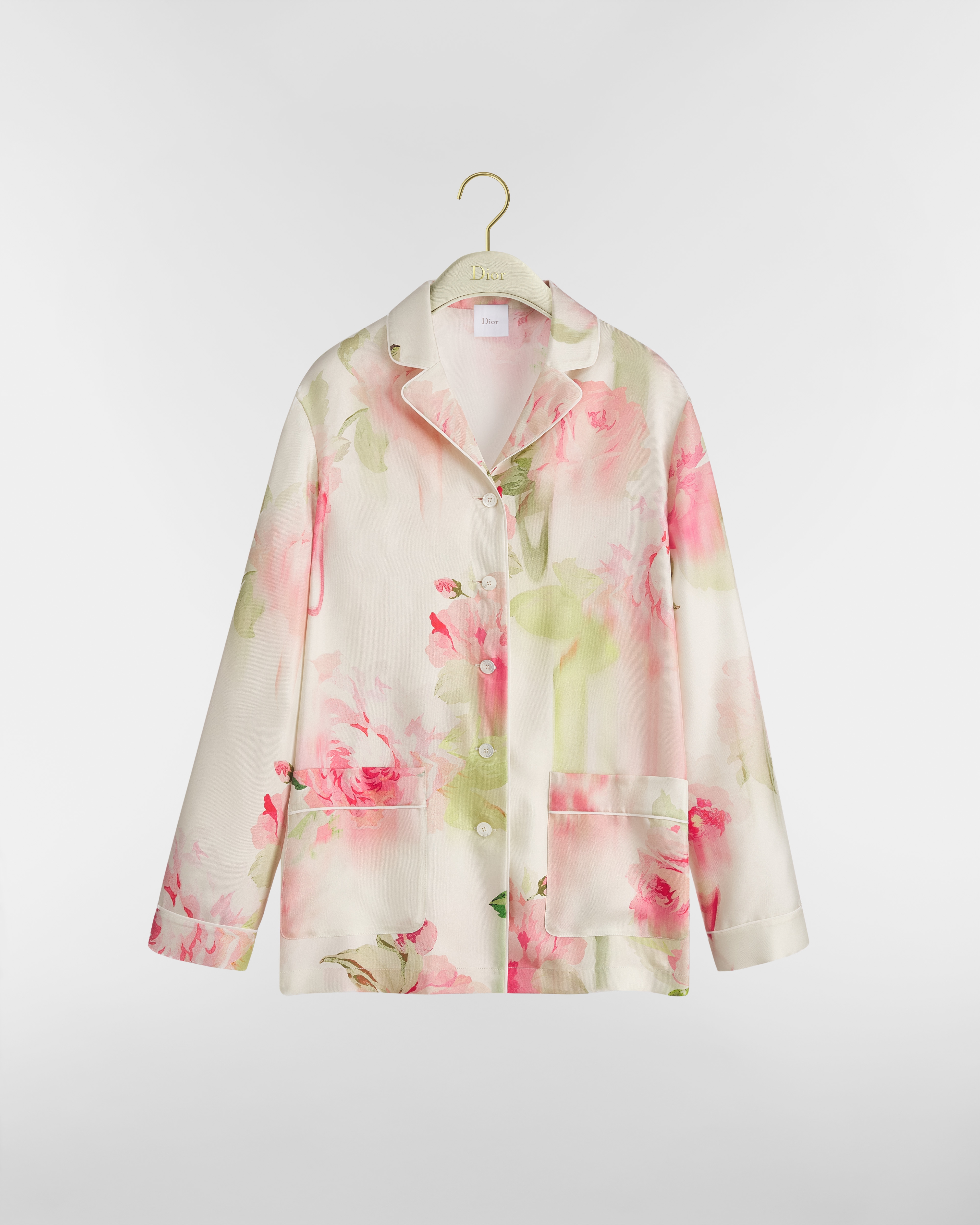 قميص حرير بحبكة تويل باللون الأبيض مع نمط ديور بانتيد روزس المتعدد الألوان E01