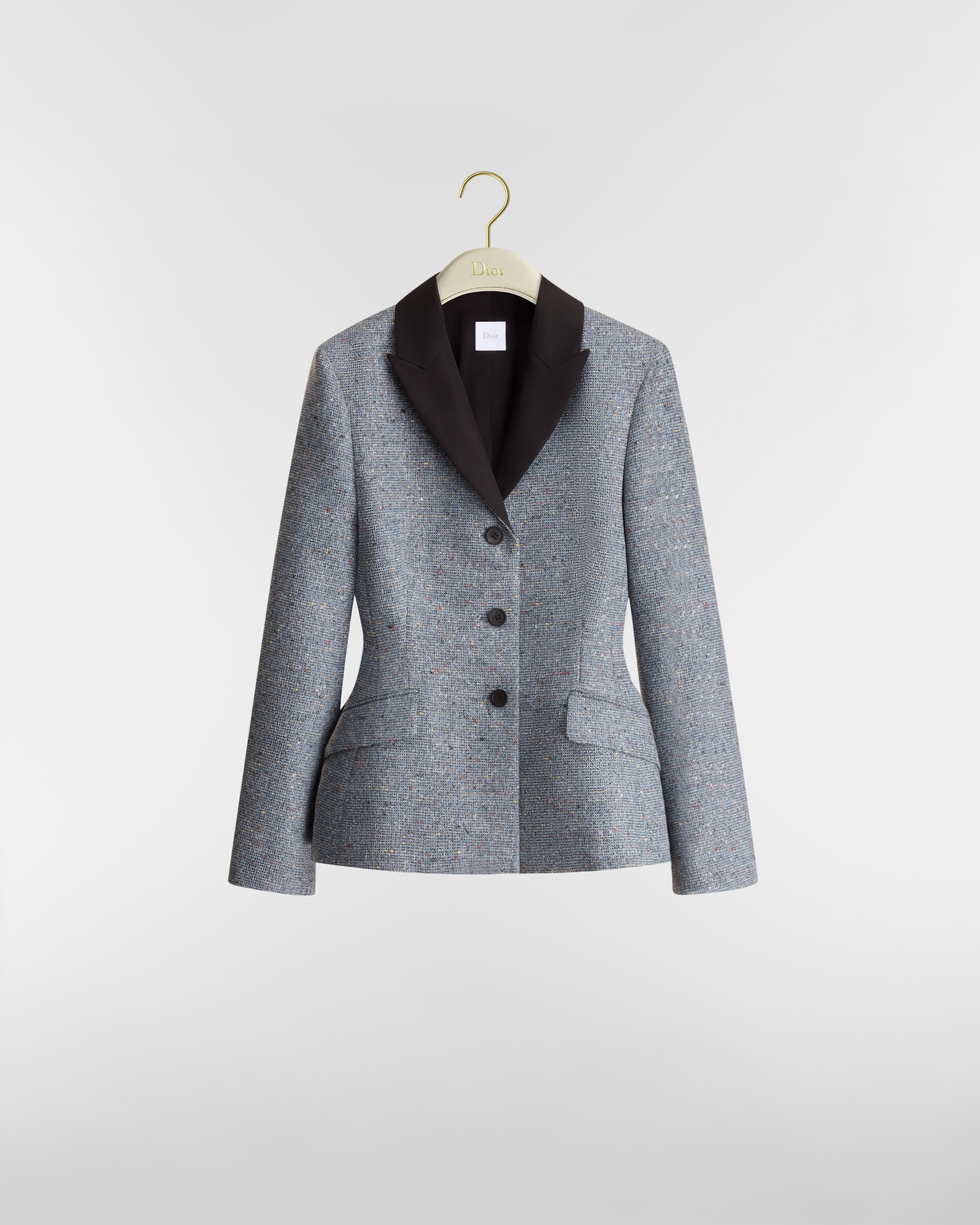 Bar-jasje Blauw tweed van zijde met scheerwol geborduurd met veelkleurige pailletten E01