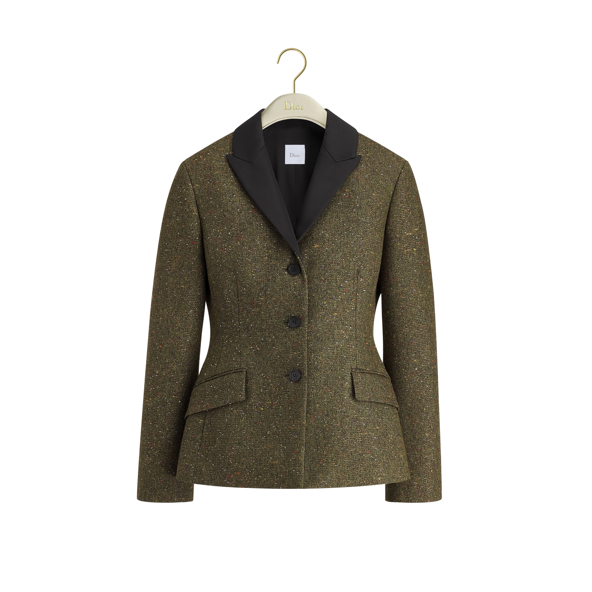  Khaki Silk-Virgin-Wool-Blend Tweed Embroidered with Multicolor Sequins