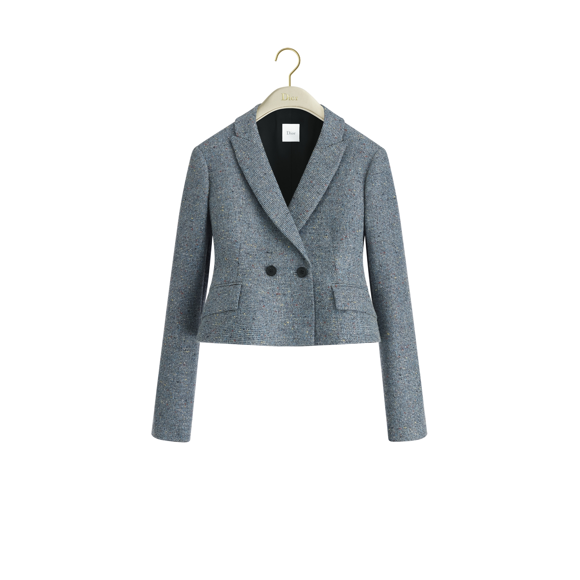 Cropped Fitted Jacket Blue Silk-Virgin-Wool-Blend Tweed Embroidered with Multicolor Sequins E01