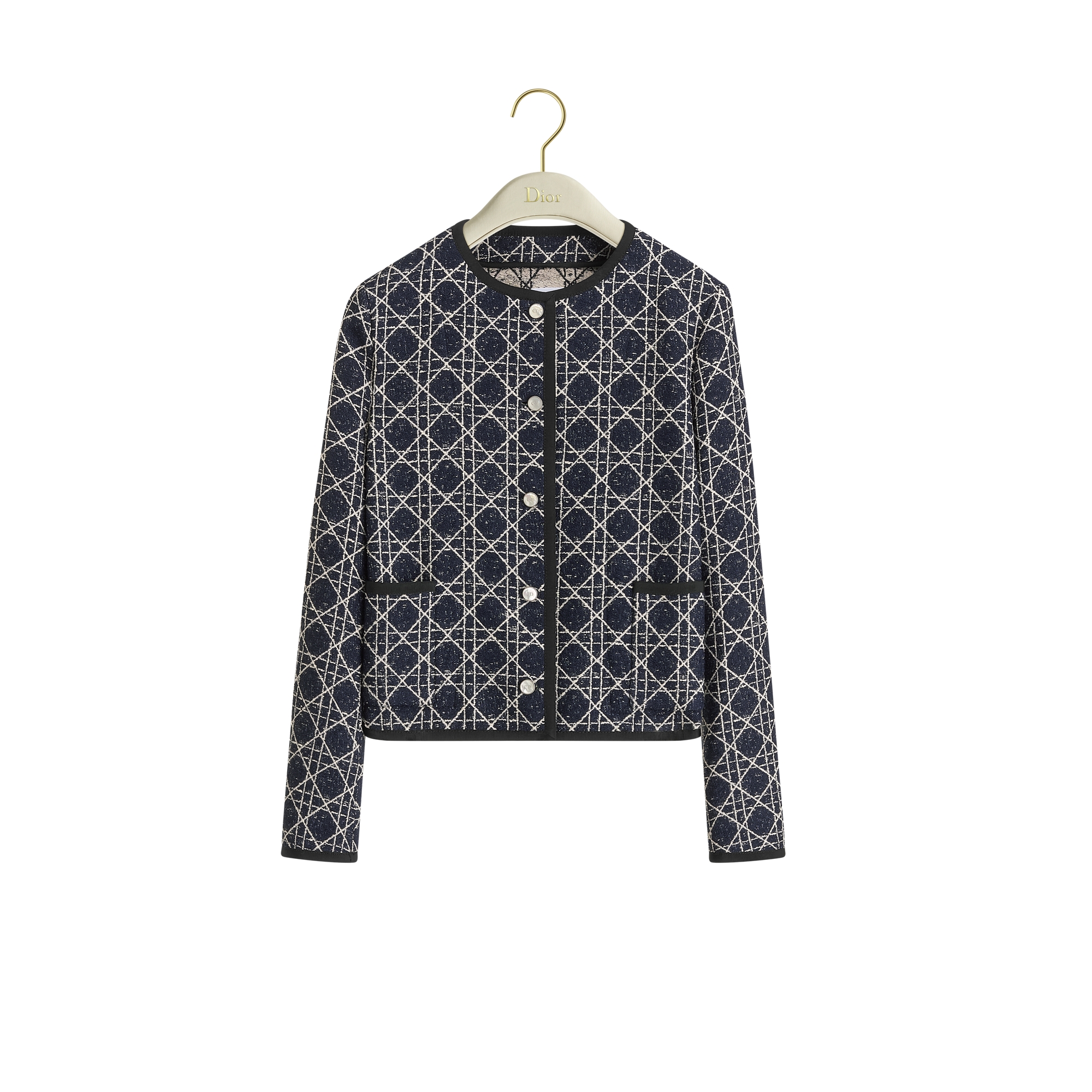 Macrocannage Cropped Jacket Navy Blue and Ecru Tweed E01