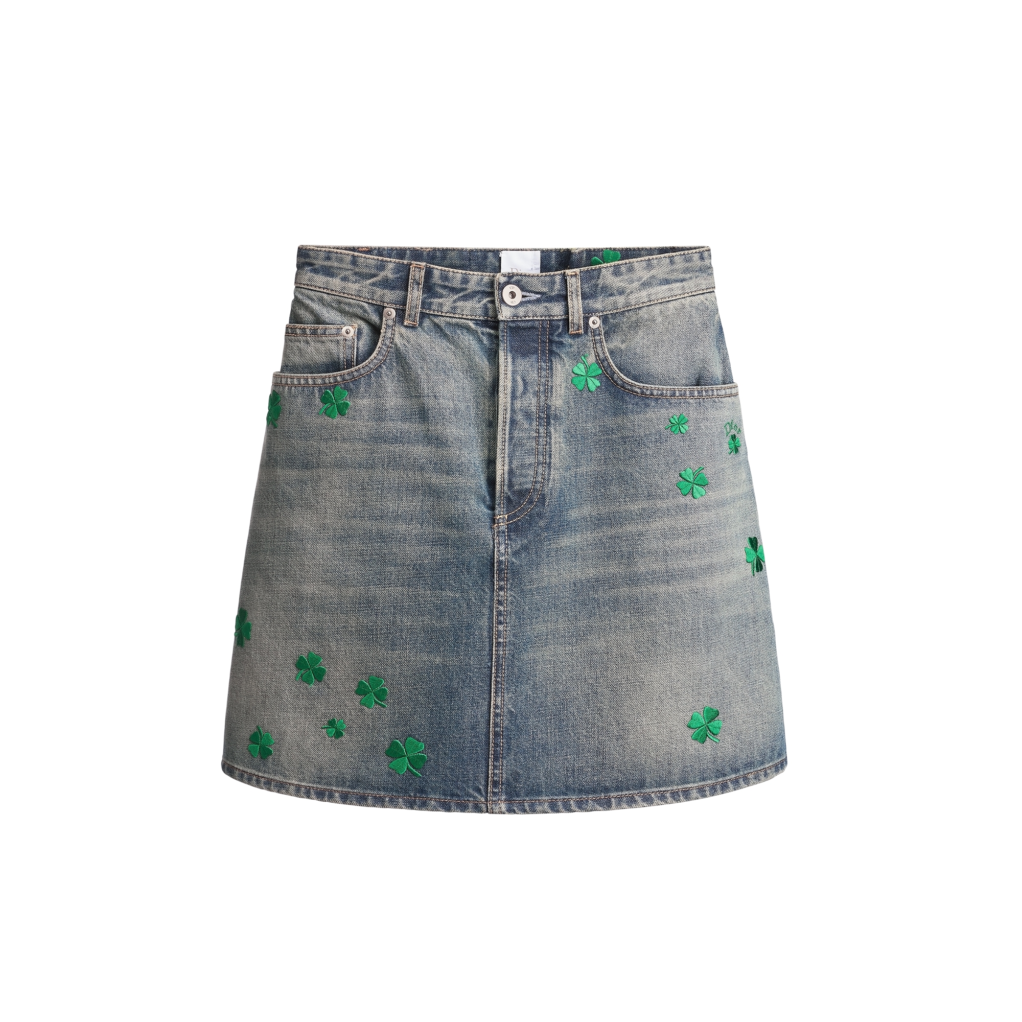 Embroidered Miniskirt Blue Stonewashed Cotton Denim with Green Dior Clover Motif E01
