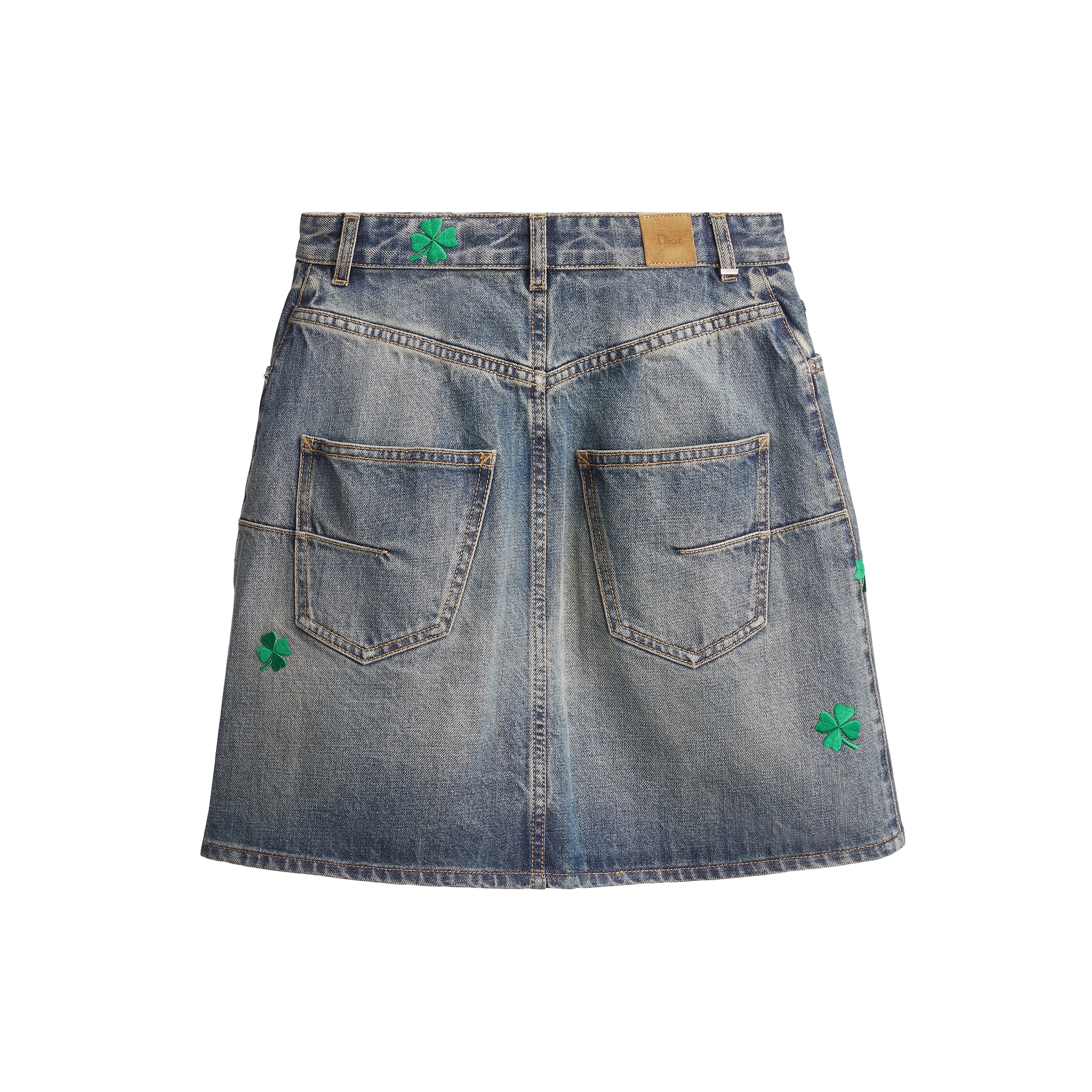 Embroidered Miniskirt Blue Stonewashed Cotton Denim with Green Dior Clover Motif E08
