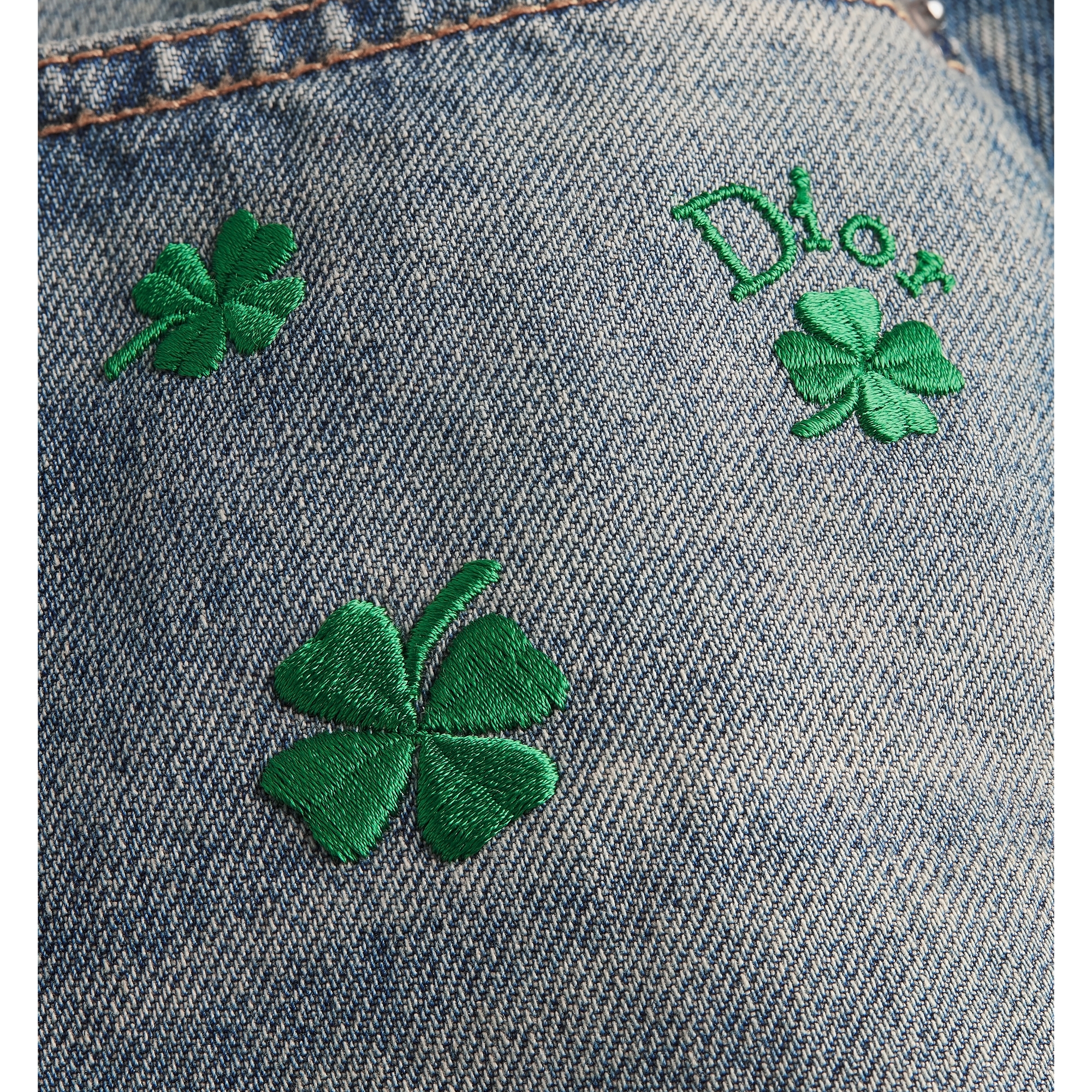 Embroidered Miniskirt Blue Stonewashed Cotton Denim with Green Dior Clover Motif E09