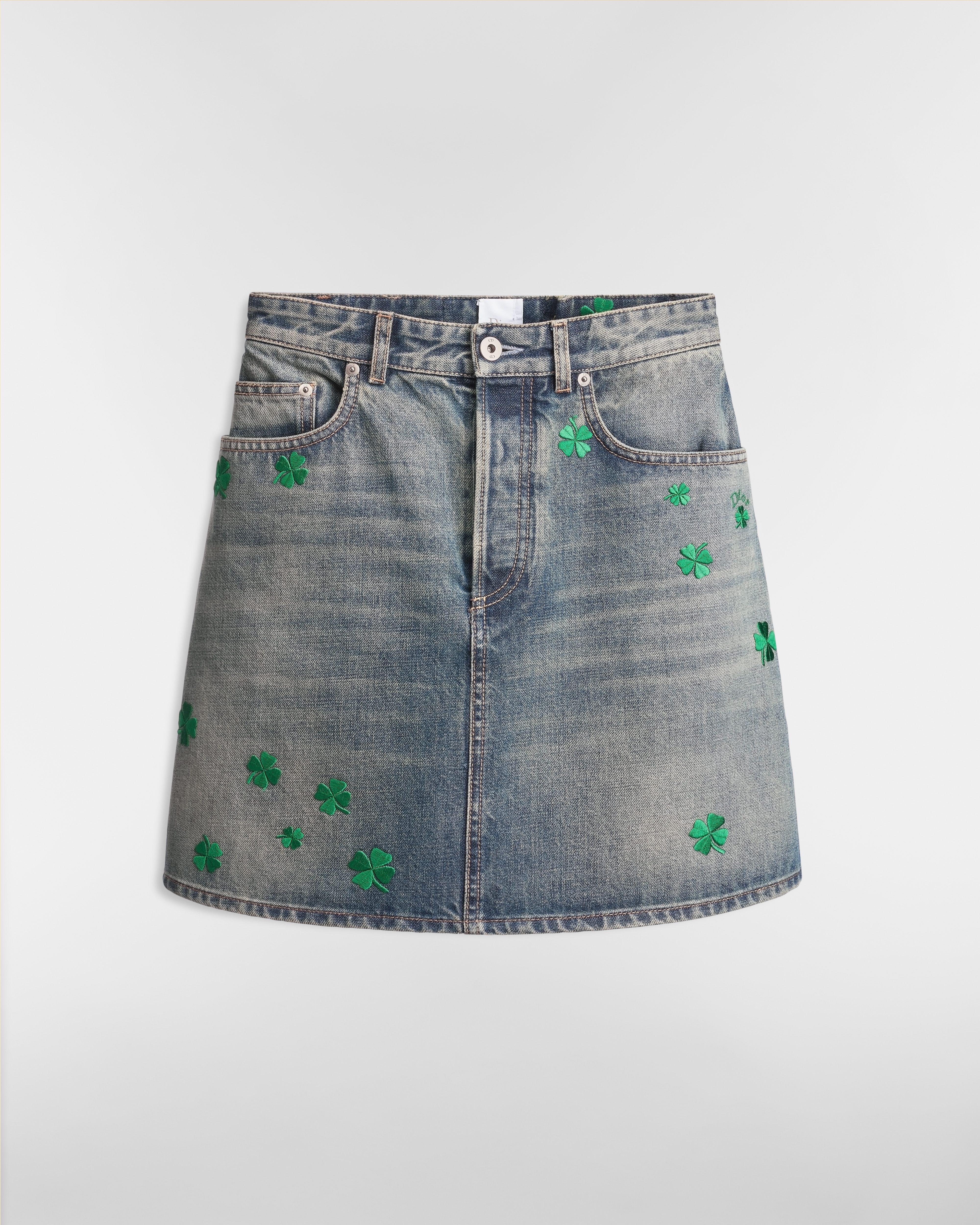 Embroidered Miniskirt Blue Stonewashed Cotton Denim with Green Dior Clover Motif E01