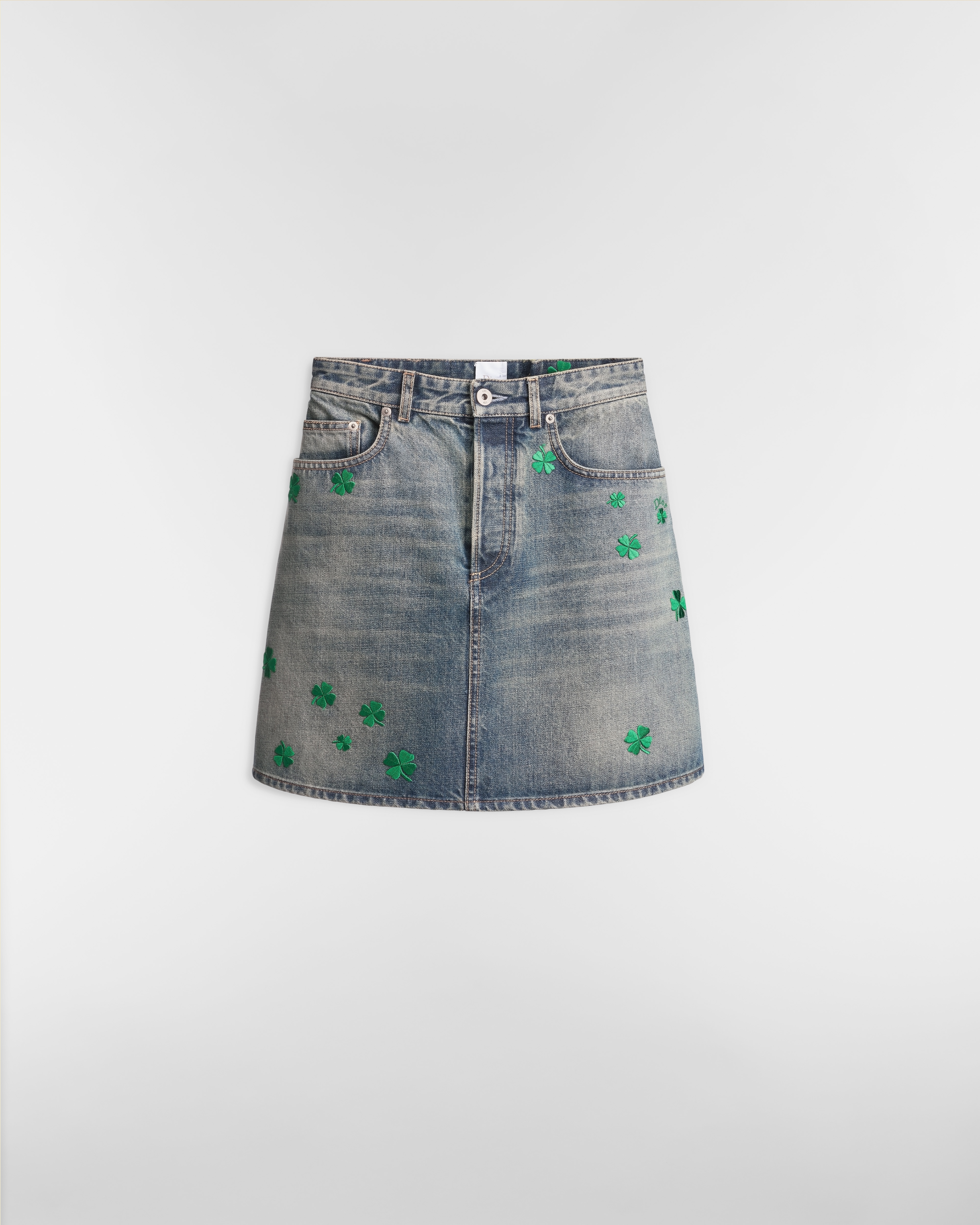 Embroidered Miniskirt Blue Stonewashed Cotton Denim with Green Dior Clover Motif E01