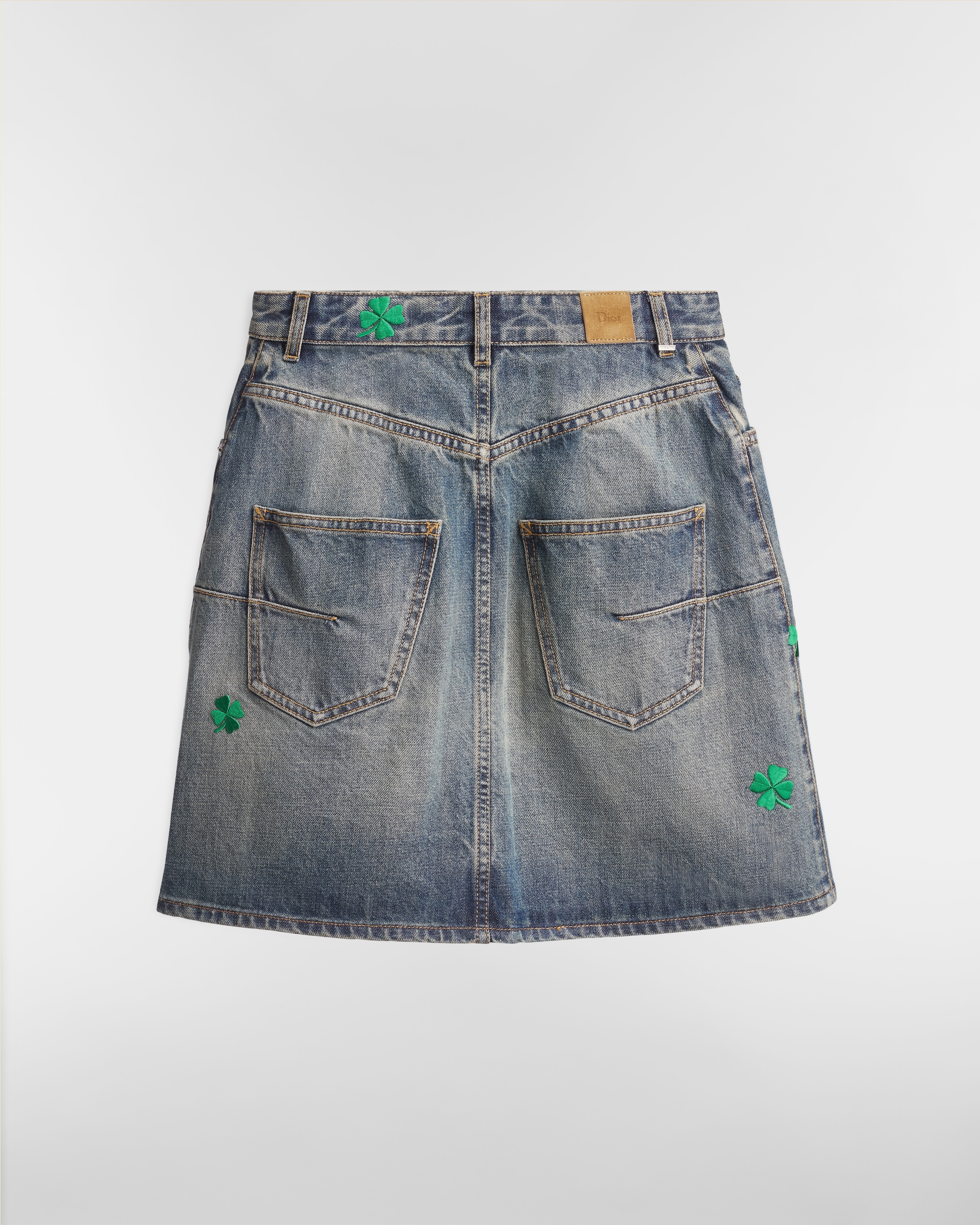 Minifalda bordada Denim de algodón azul lavado a la piedra con motivo Dior Clover verde E08