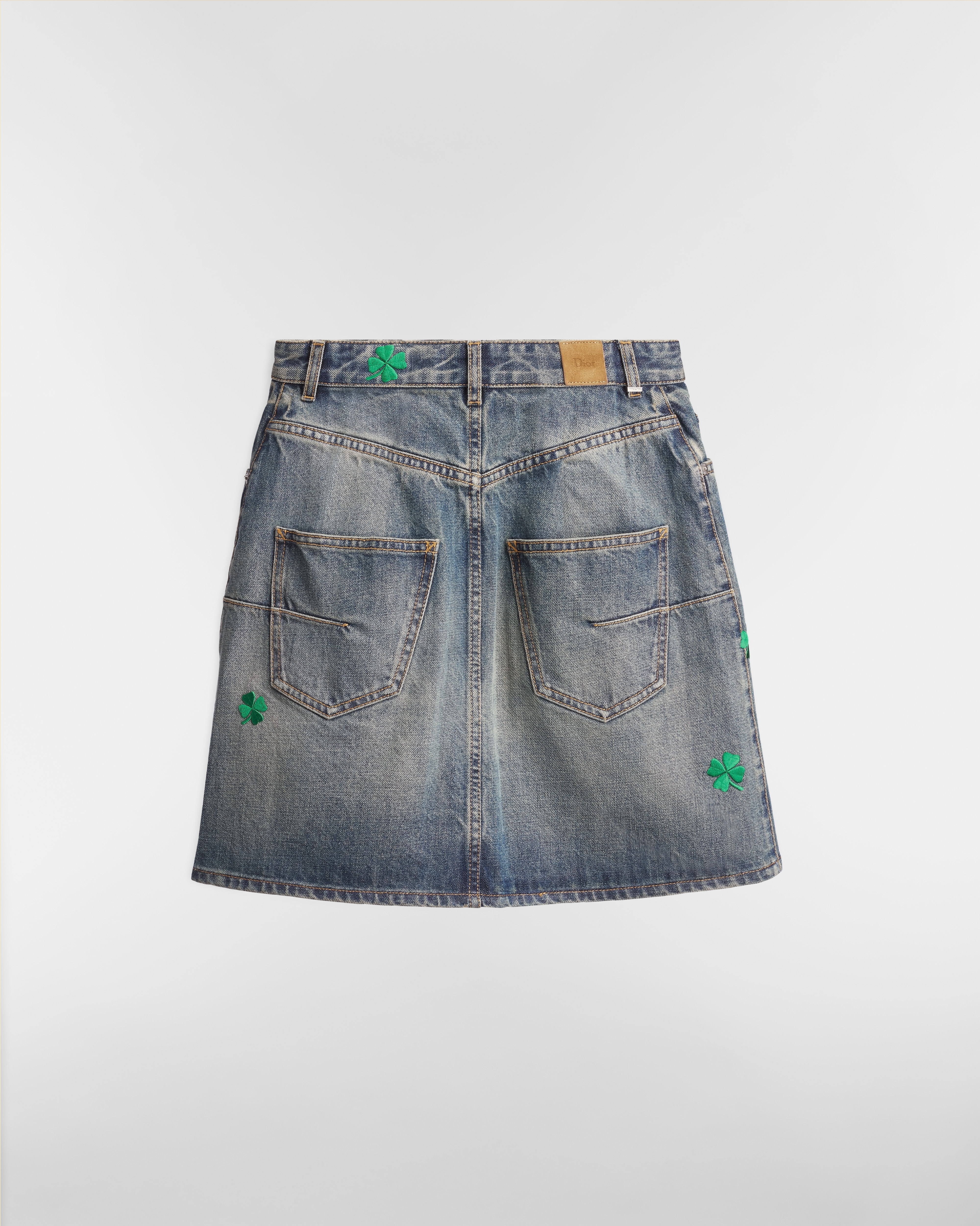 Embroidered Miniskirt Blue Stonewashed Cotton Denim with Green Dior Clover Motif E08