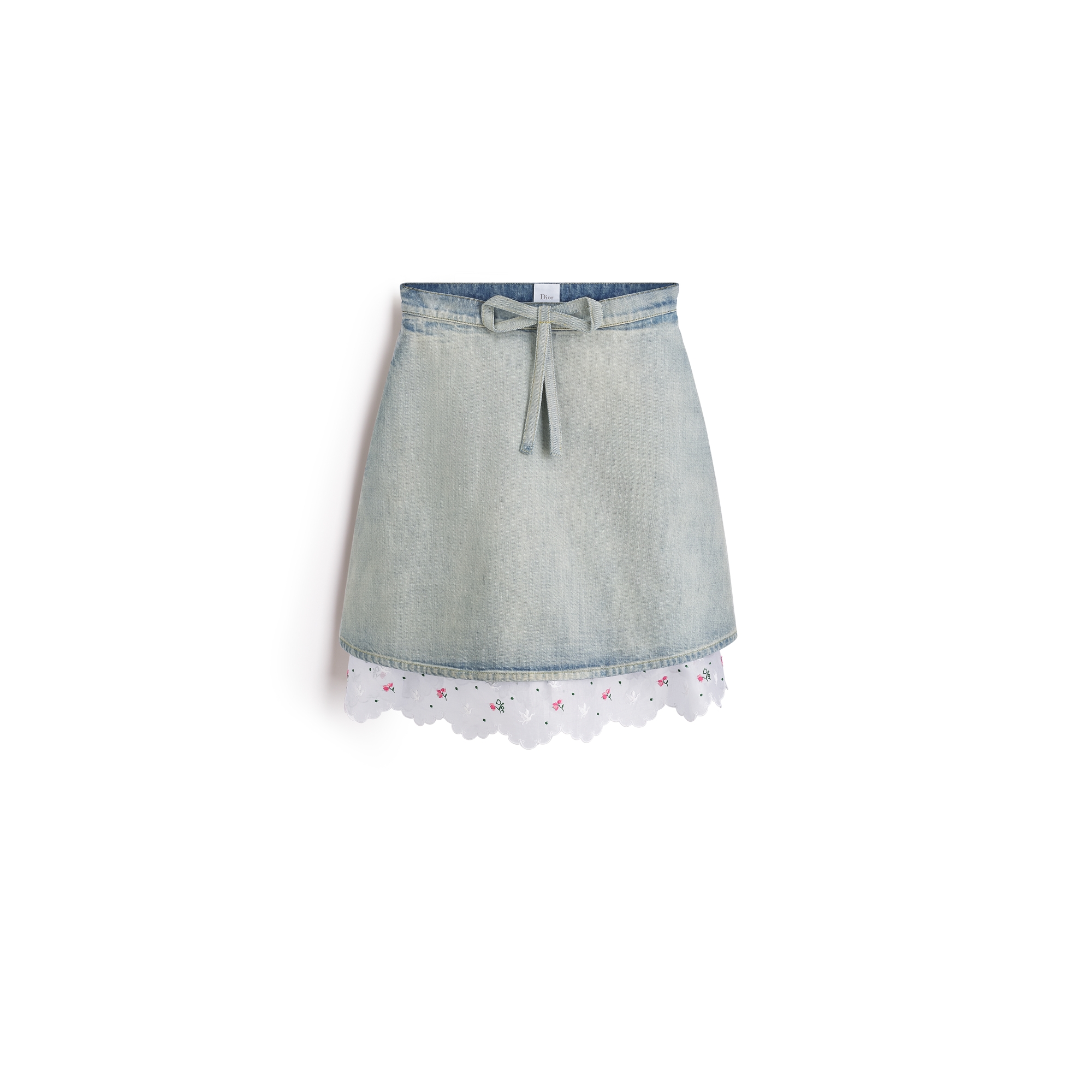 Dioramour Flared Embroidered Skirt Light Blue Cotton Denim and White Cotton with Multicolor Doves & Roses Motif E01