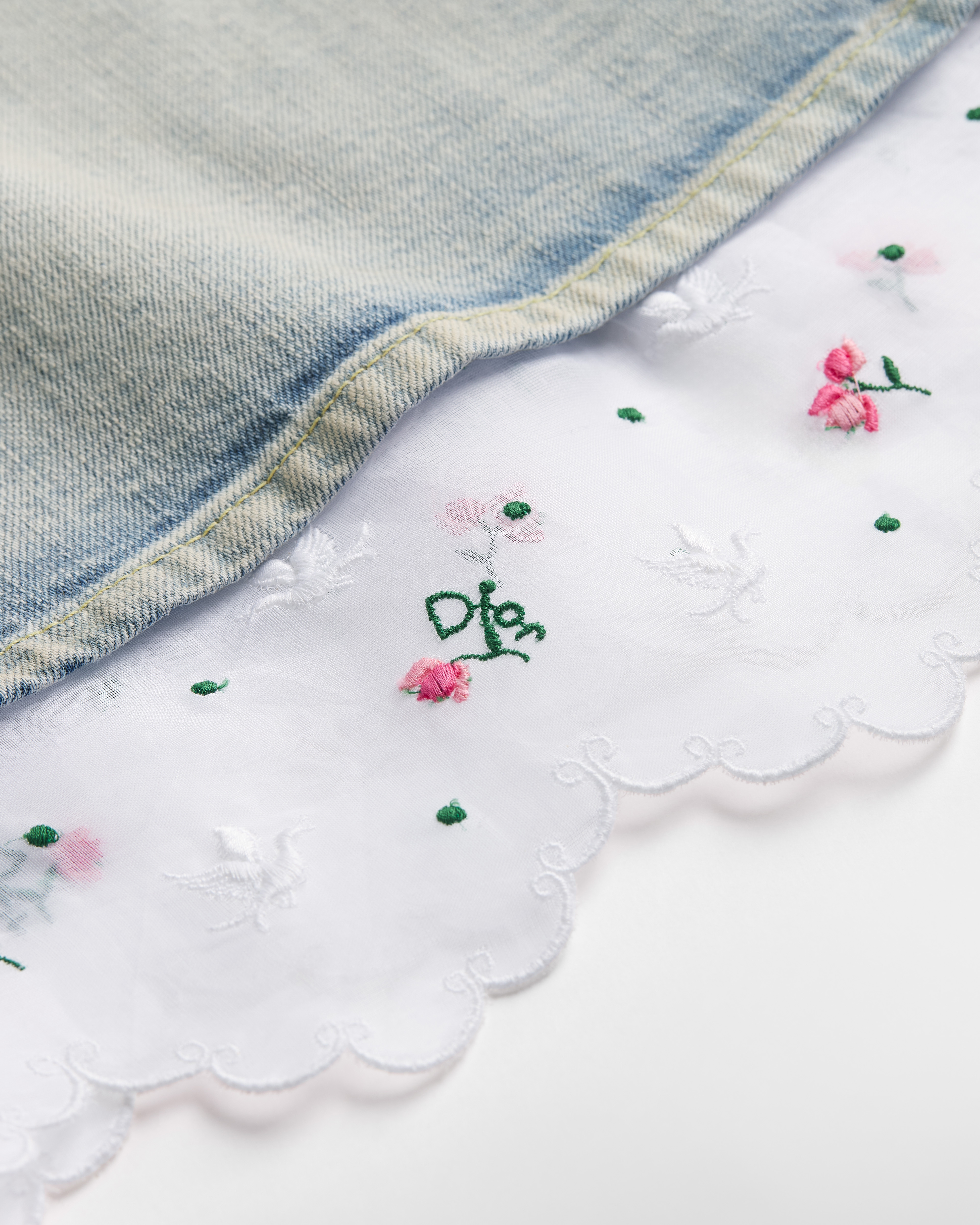 Dioramour エンブロイダリー フレアスカート Doves & Roses コットン & コットンデニム E10