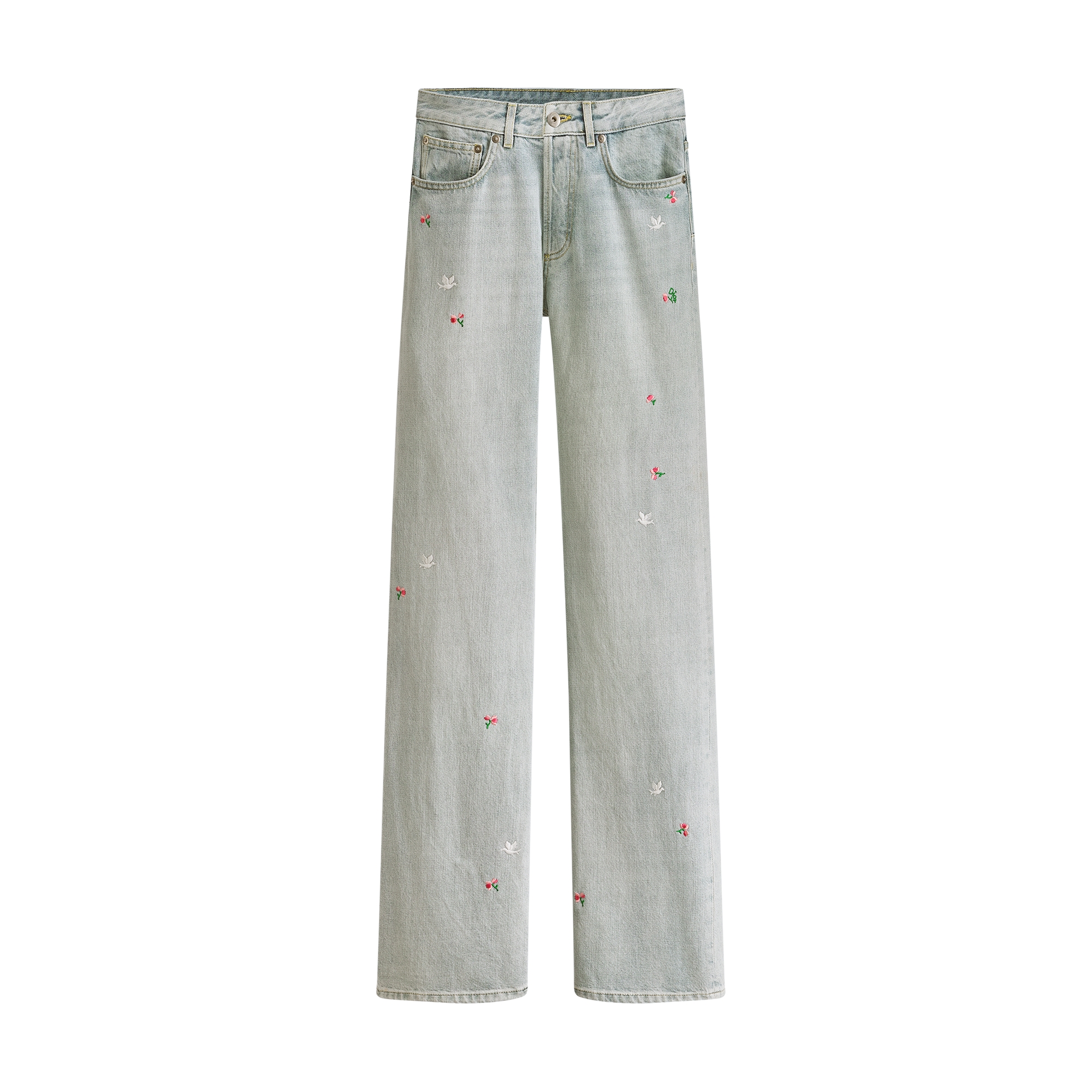 Dioramour Flared Embroidered Jeans Light Blue Cotton Denim with Multicolor Doves & Roses Motif E01