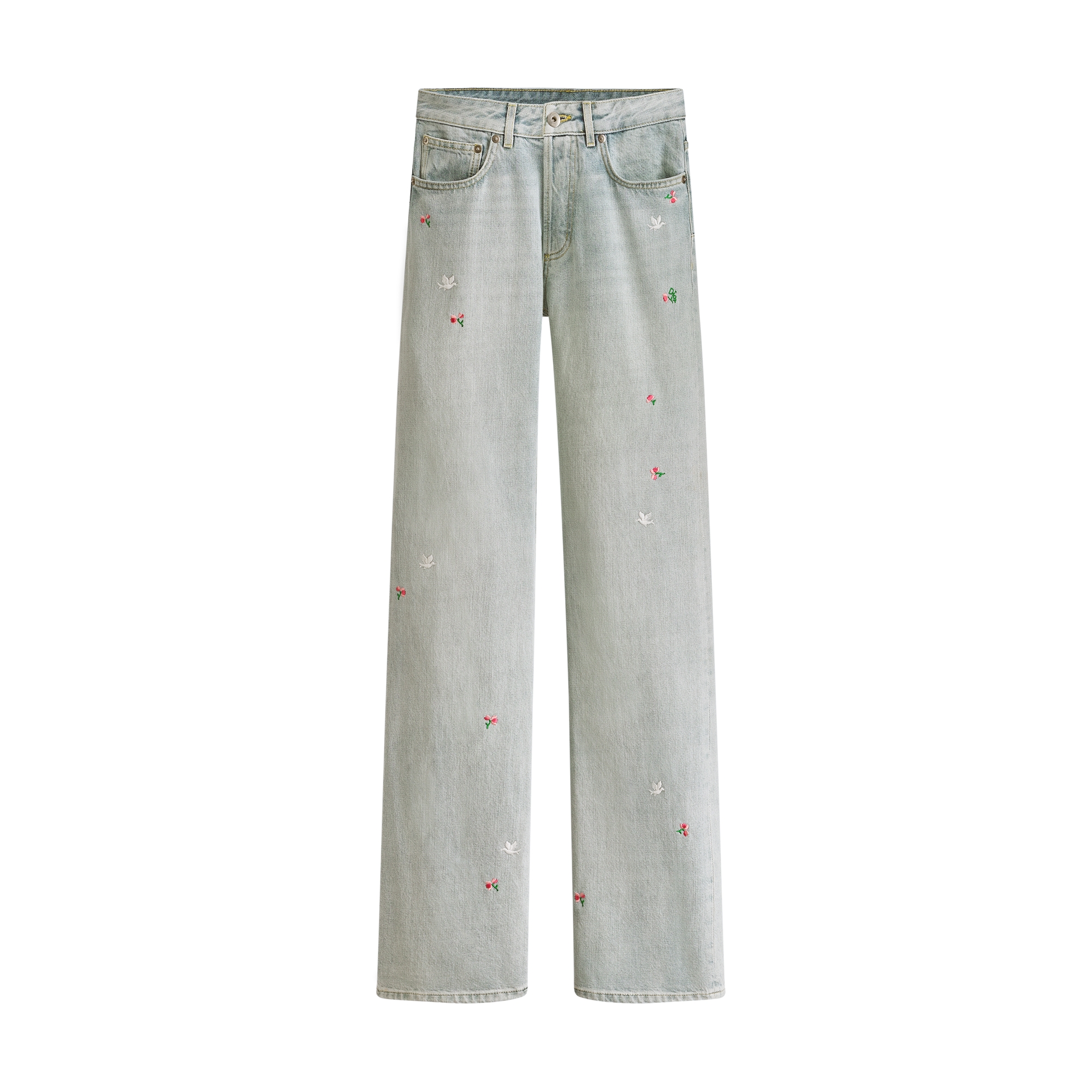 Dioramour Flared Embroidered Jeans Light Blue Cotton Denim with Multicolor Doves & Roses Motif E01