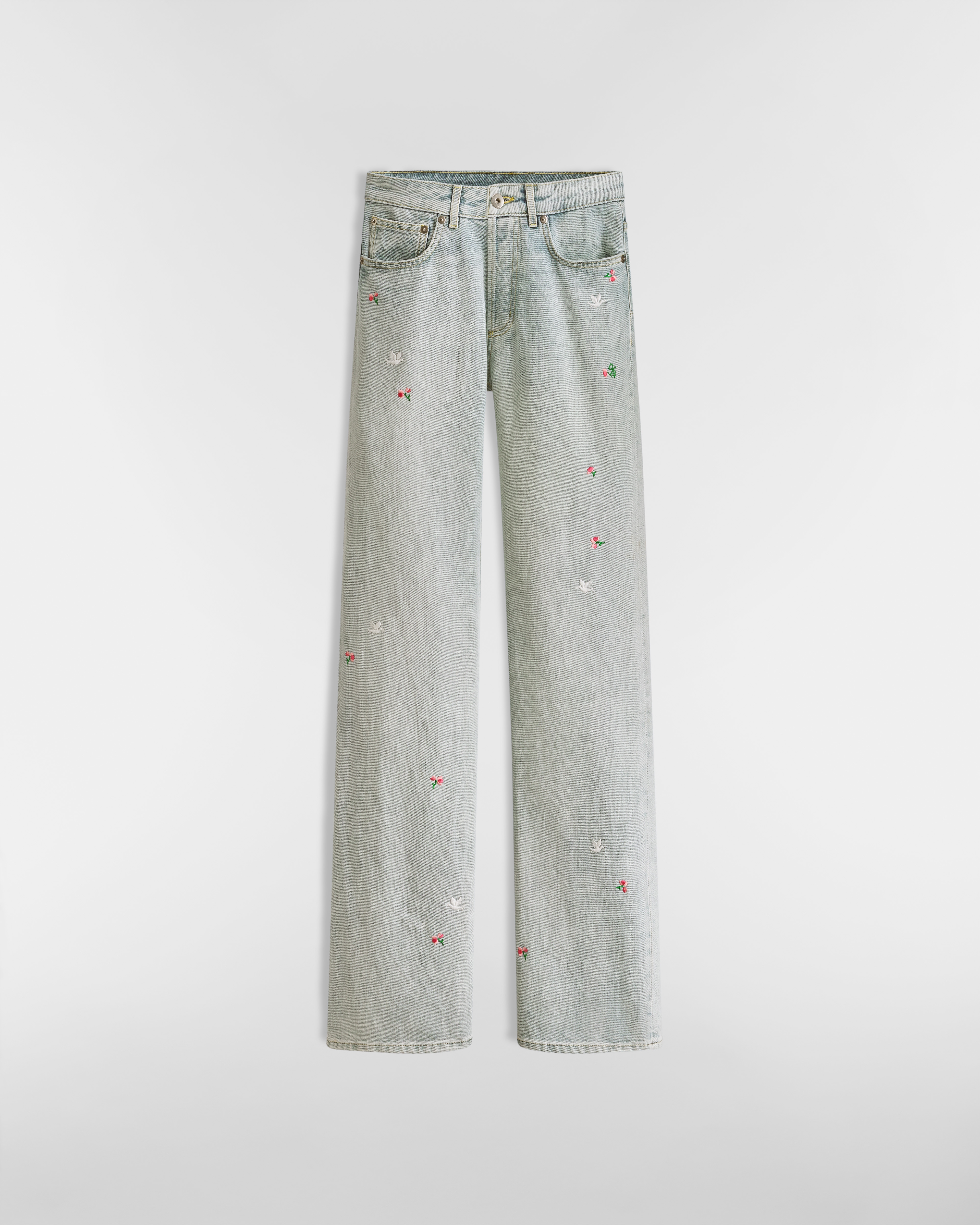 Ausgestellte Dioramour Jeans mit Stickerei Baumwolldenim in Hellblau mit Doves & Roses Motiv in mehreren Farben E01