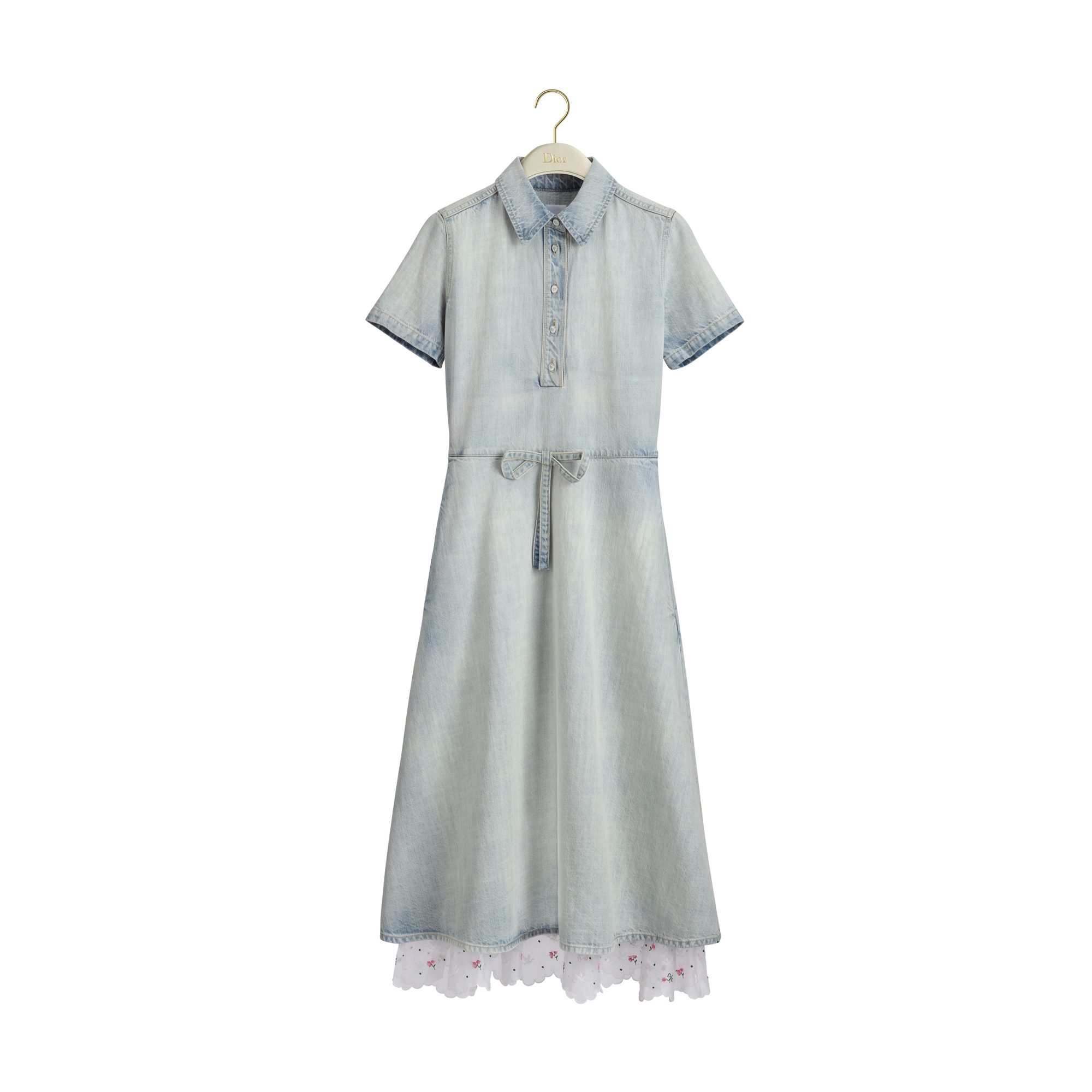 Dioramour Embroidered Flared Dress Light Blue Cotton Denim and White Cotton with Multicolor Doves & Roses Motif E01