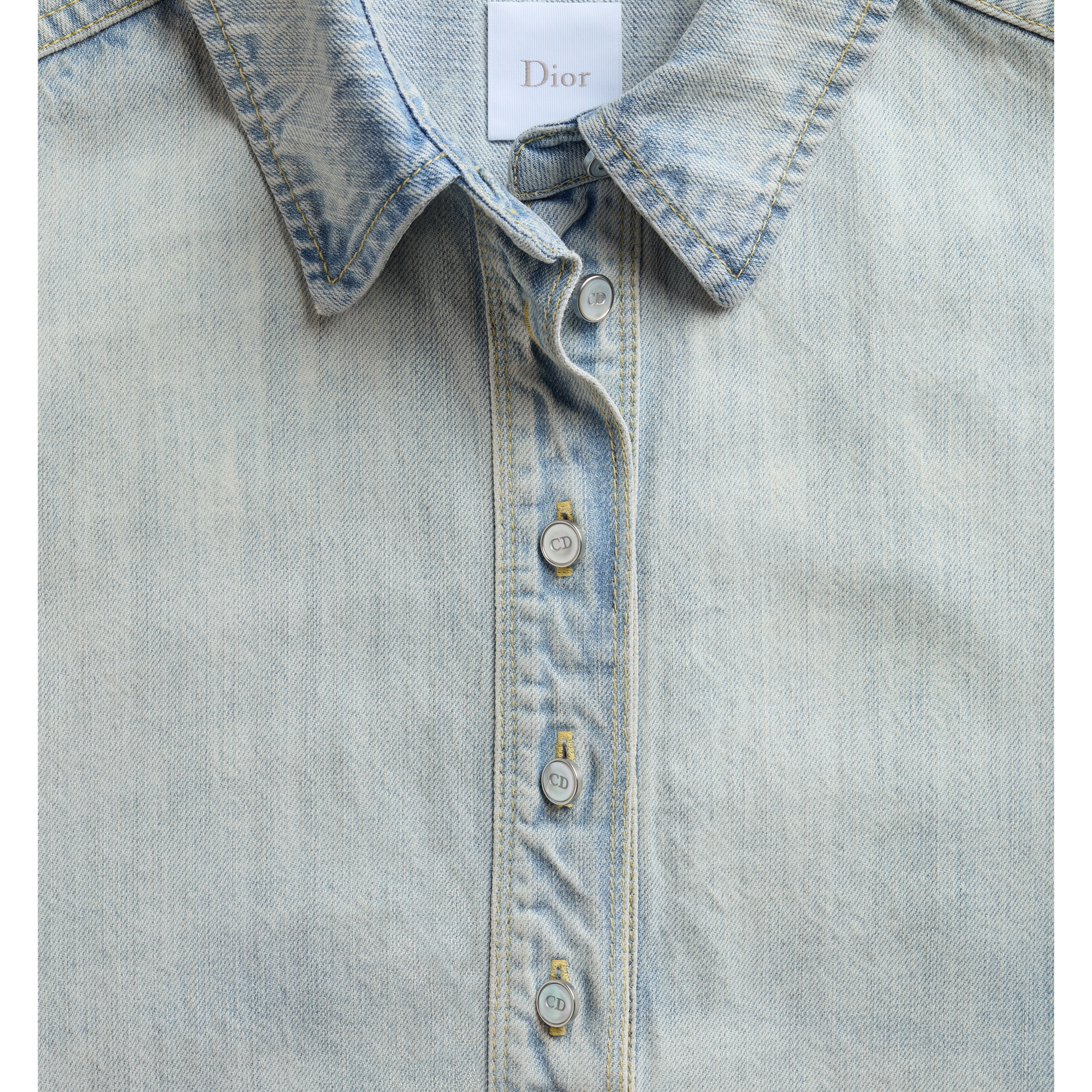 Dioramour Embroidered Flared Dress Light Blue Cotton Denim and White Cotton with Multicolor Doves & Roses Motif E09