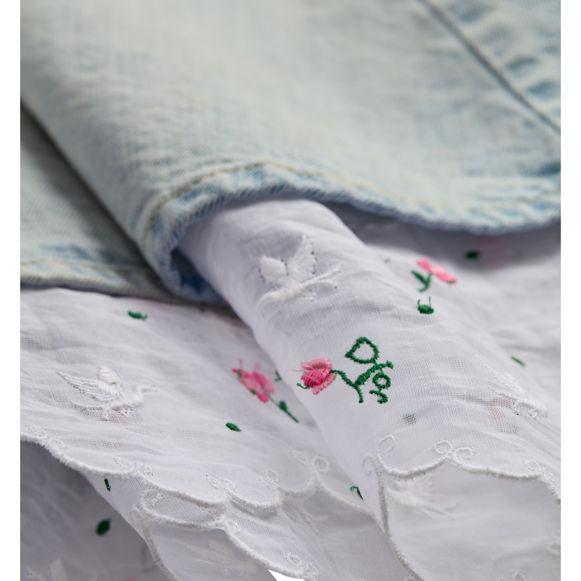 Dioramour Embroidered Flared Dress Light Blue Cotton Denim and White Cotton with Multicolor Doves & Roses Motif E10