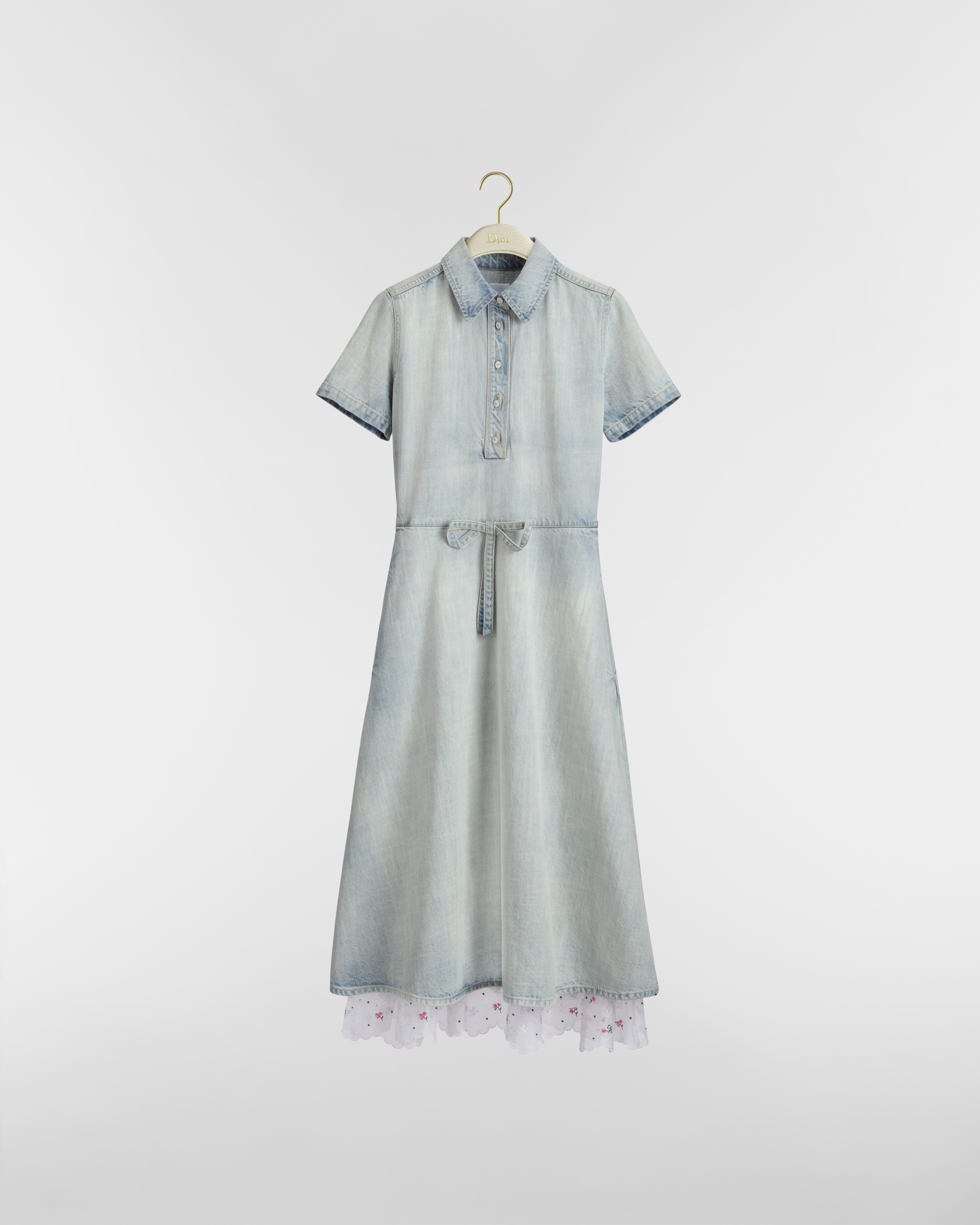 Robe évasée brodée Dioramour Denim de coton bleu clair et coton blanc à motif Doves & Roses multicolore E01