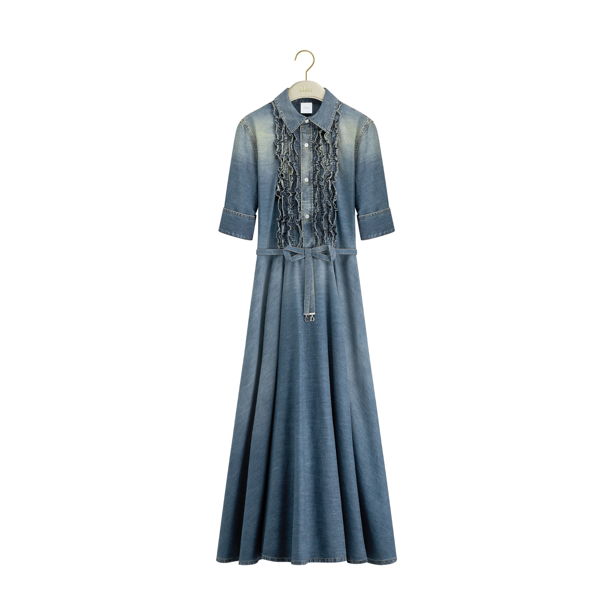 Mid-Length Belted Shirtdress Blue Stonewashed Cotton Denim E01