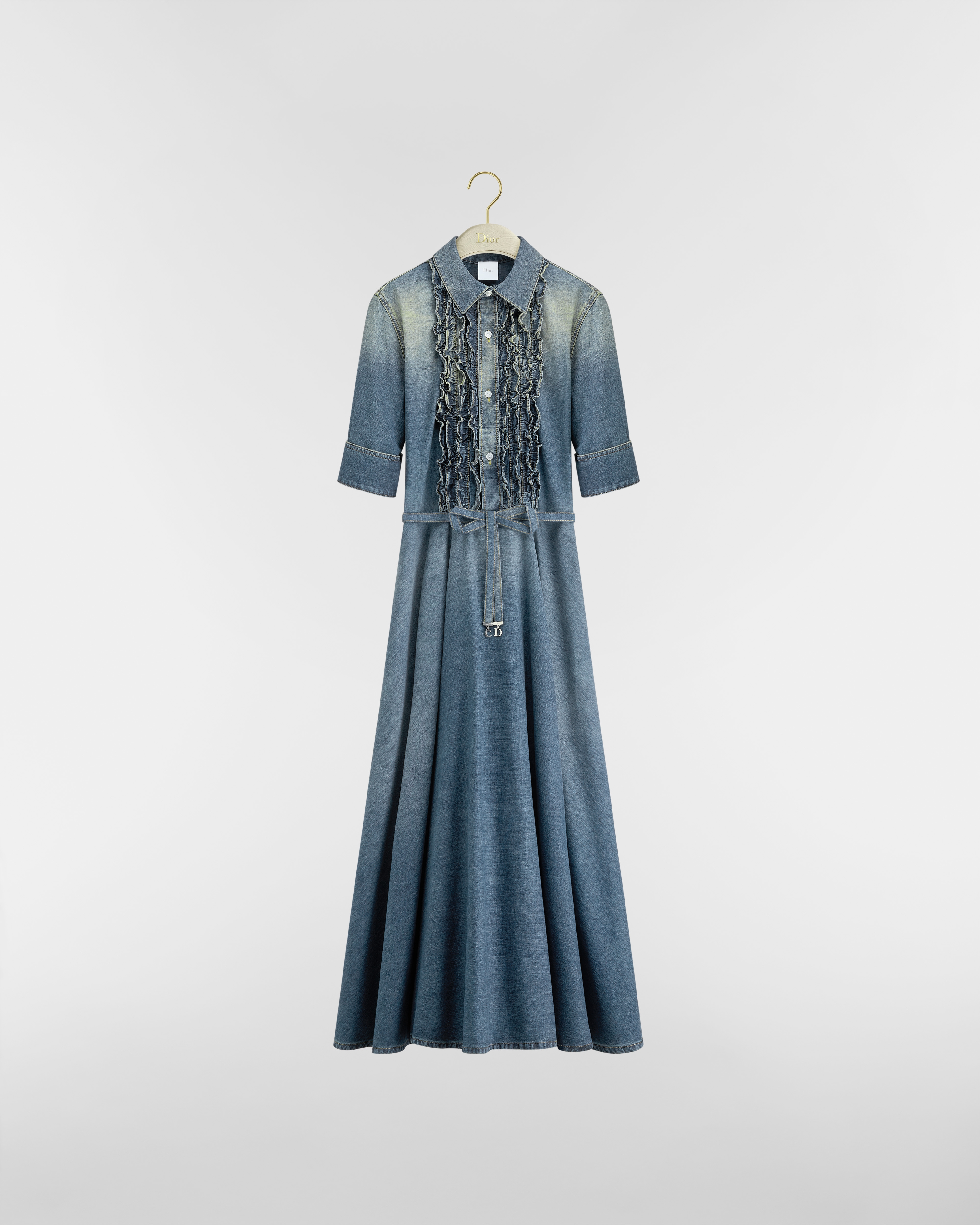 附腰帶中長開襟洋裝 藍色石洗棉質牛仔布 E01