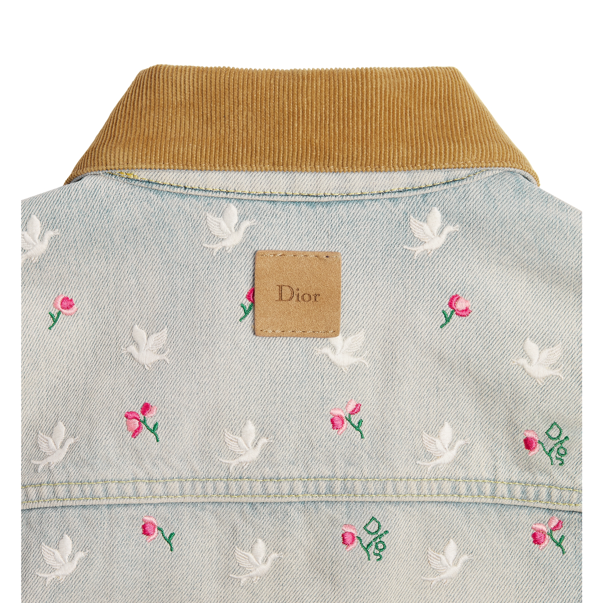 Dioramour Embroidered Jacket Light Blue Cotton Denim with Multicolor Doves & Roses Motif E09