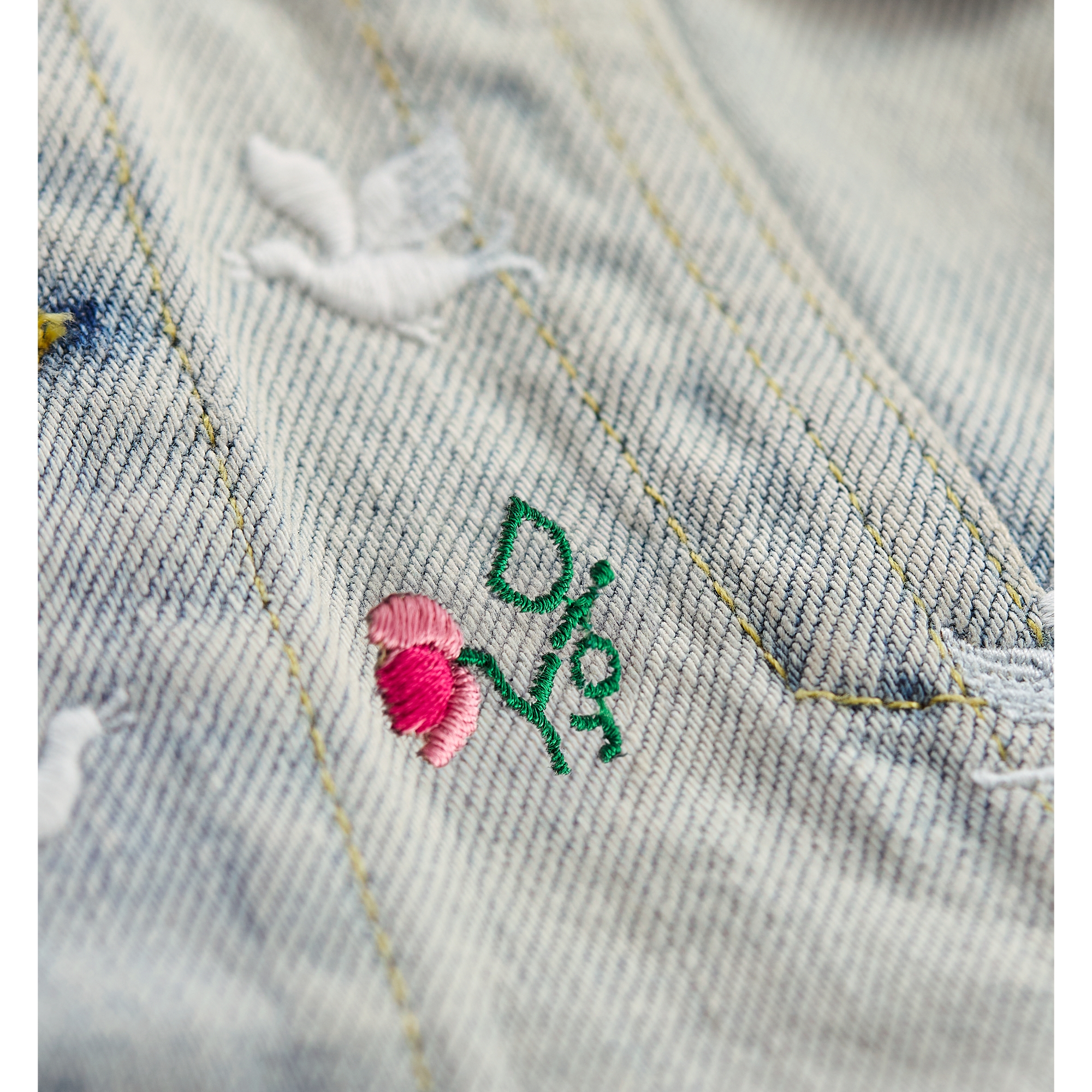 Dioramour Embroidered Jacket Light Blue Cotton Denim with Multicolor Doves & Roses Motif E10