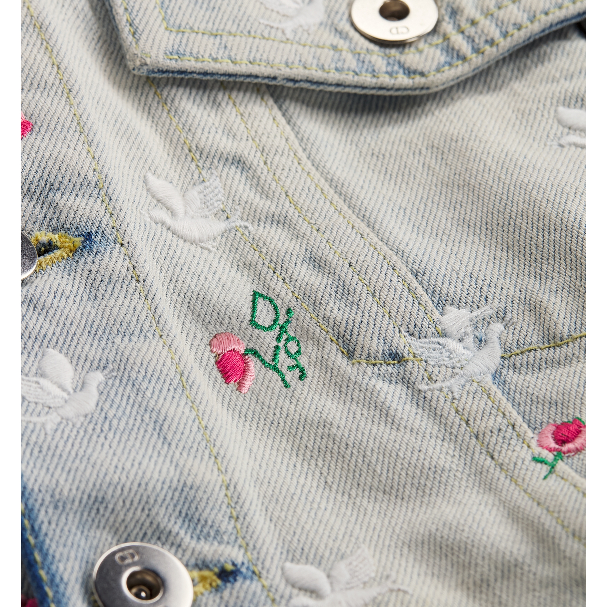 Dioramour Embroidered Jacket Light Blue Cotton Denim with Multicolor Doves & Roses Motif E11