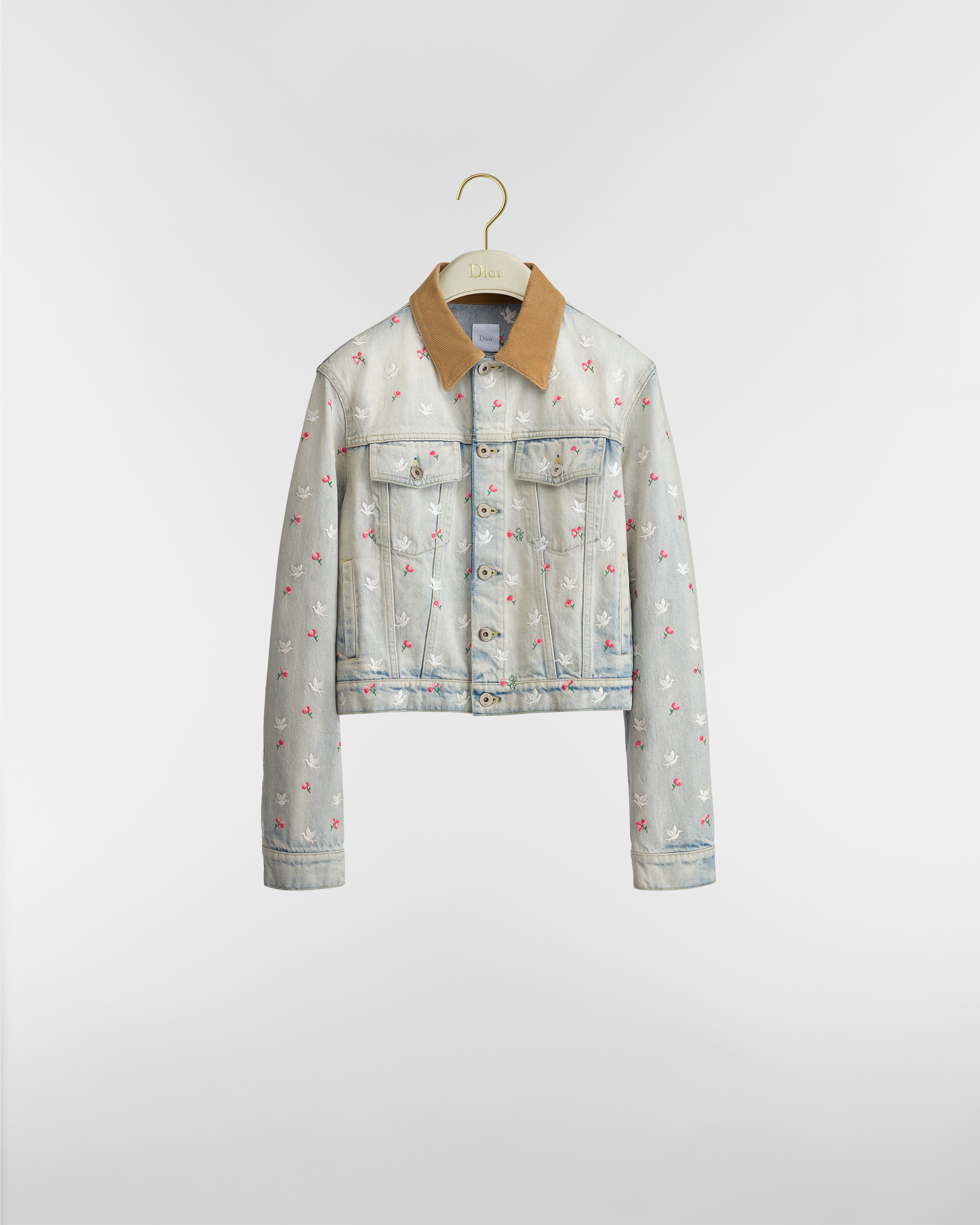 Dioramour Embroidered Jacket Light Blue Cotton Denim with Multicolor Doves & Roses Motif E01