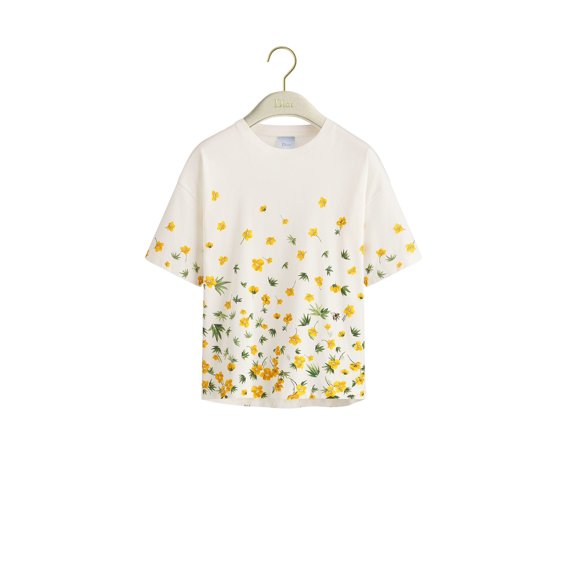 Oversized Cropped T-Shirt White Cotton with Yellow and Green Dior Buttercup Motif E01