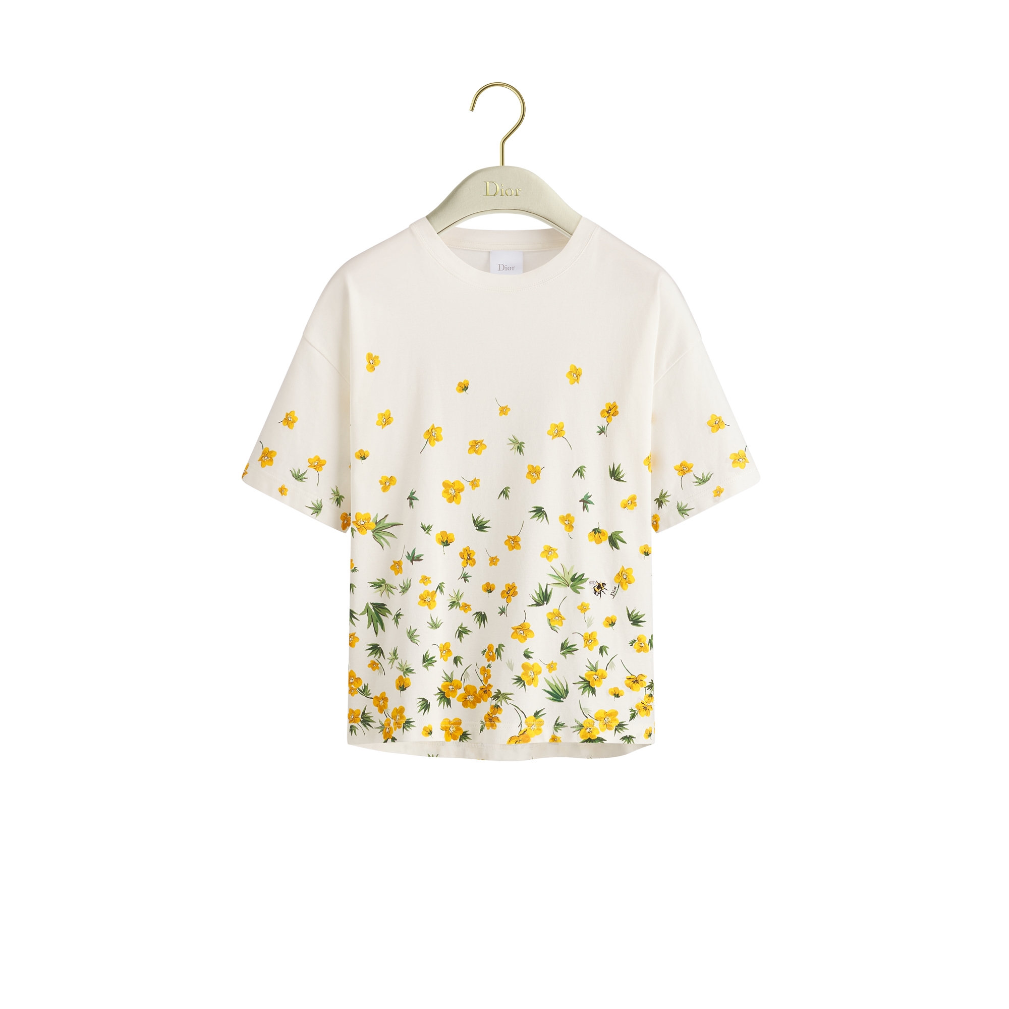 Oversized Cropped T-Shirt White Cotton with Yellow and Green Dior Buttercup Motif E01
