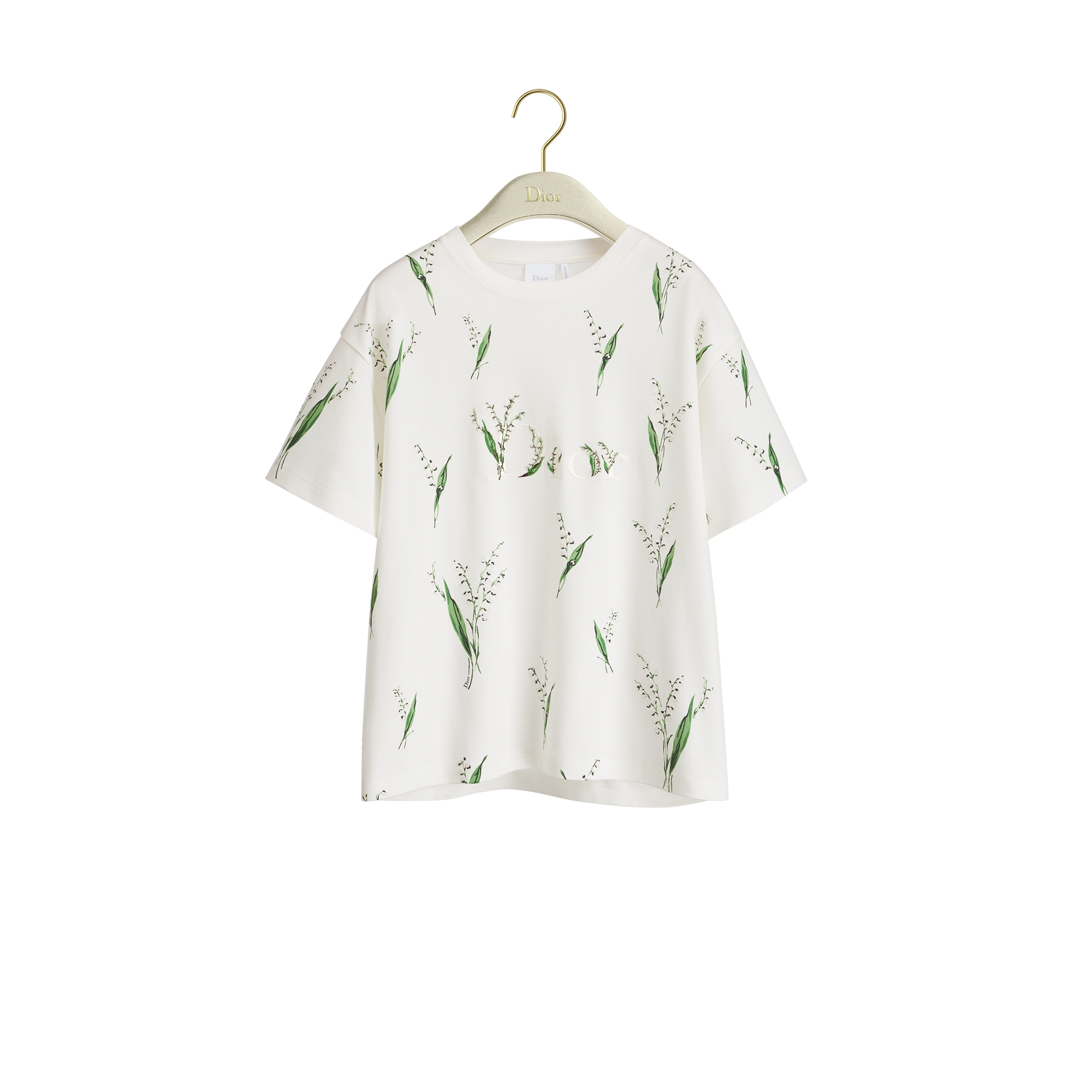 Oversized Embroidered T-Shirt White Cotton Jersey with Multicolor Lily of the Valley Motif E01