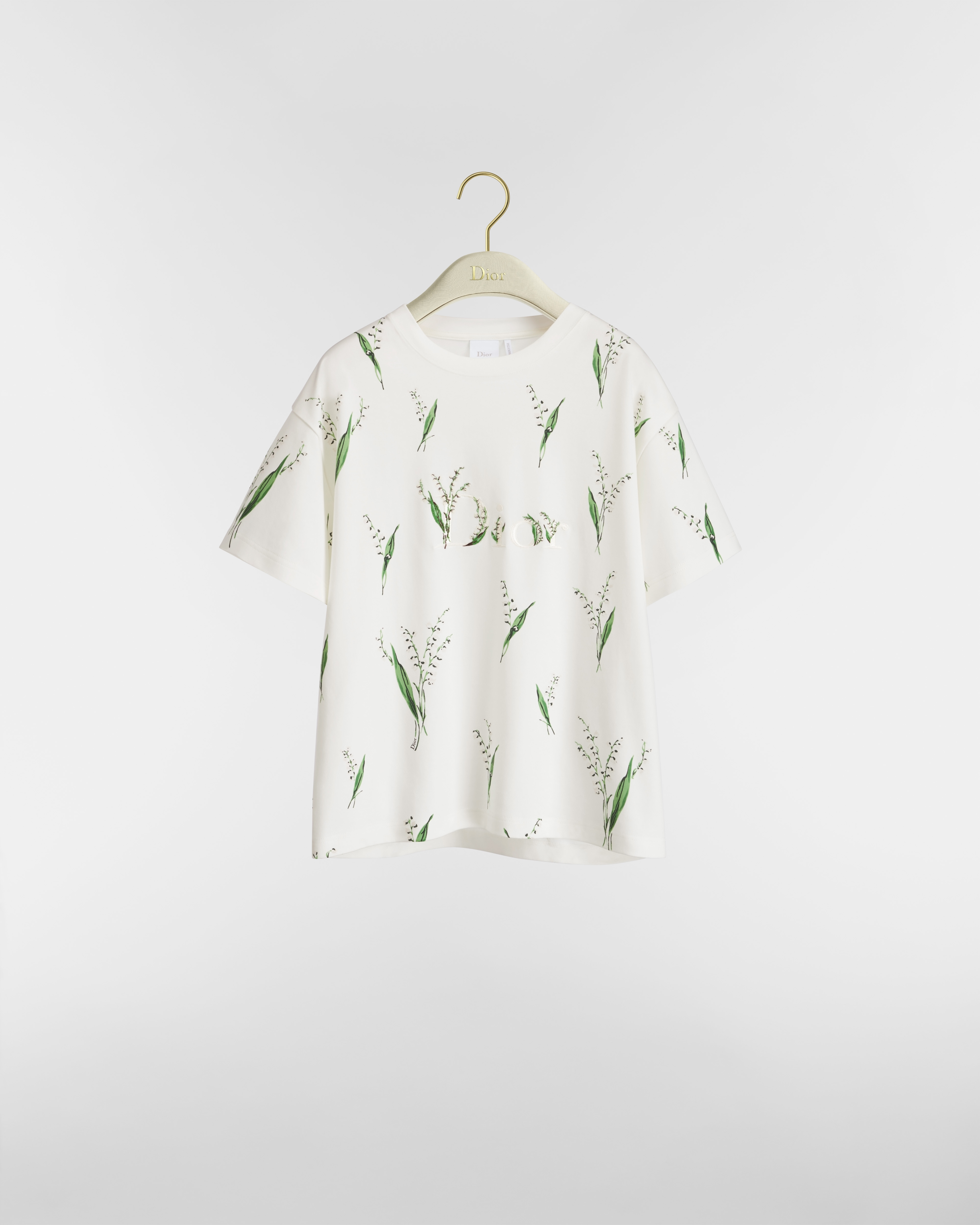 寬版刺繡 T 恤 白色棉質針織布綴以拼色 Lily of the Valley 圖案 E01