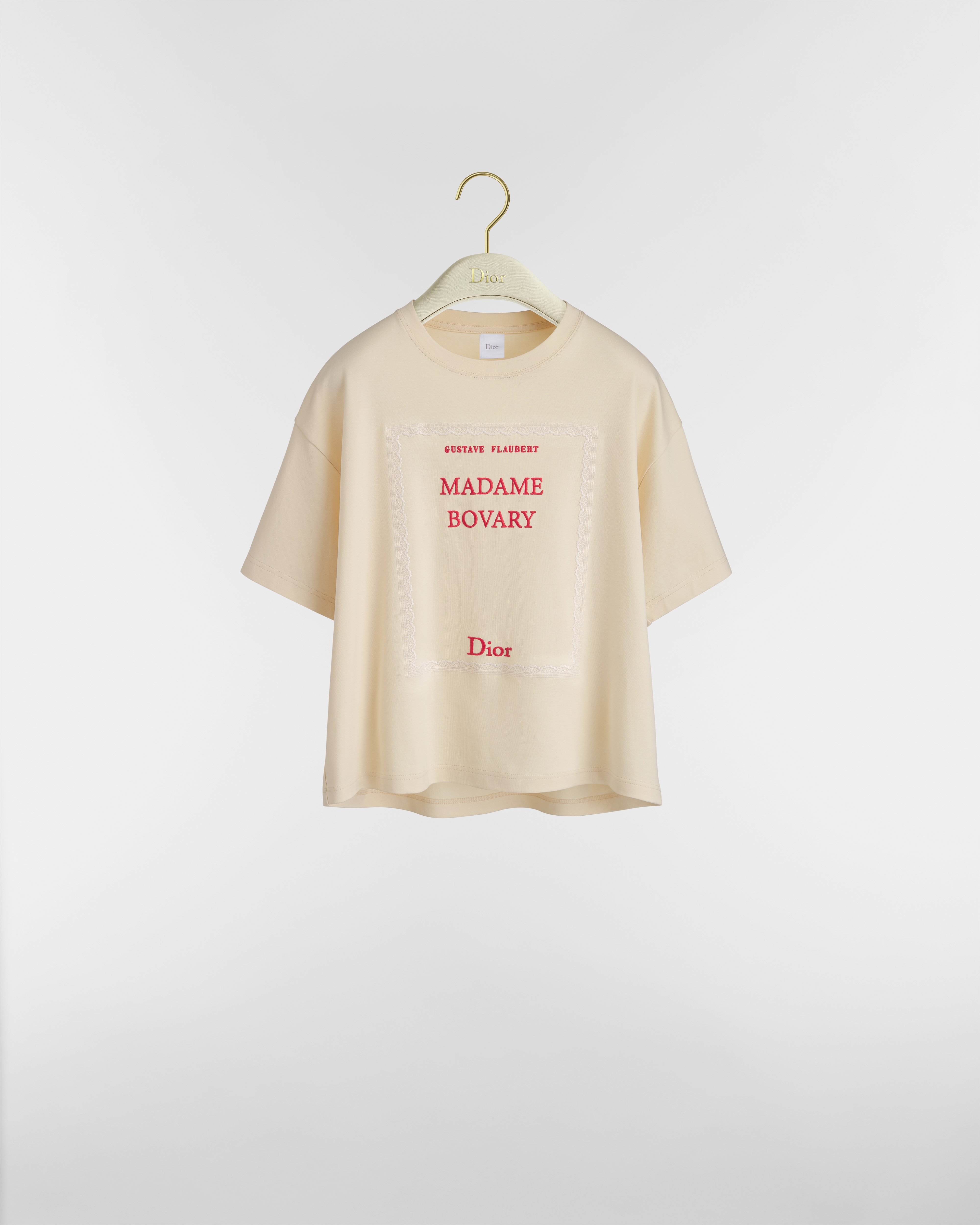 Book Cover 寬身短版 T 恤 米色和紅色純棉平紋布 E01