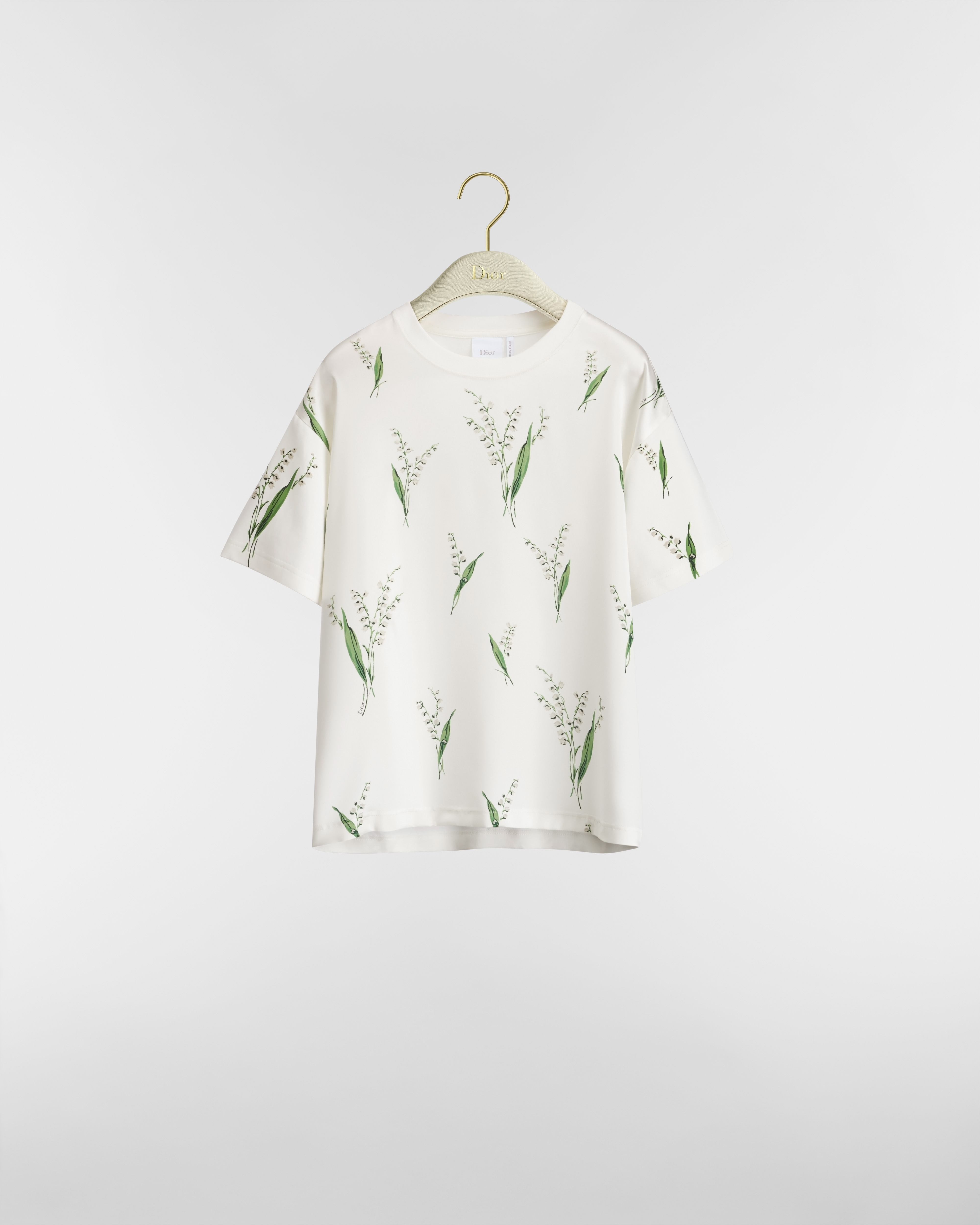 T-shirt oversize Jersey di seta bianco con motivo Lily of the Valley multicolore E01