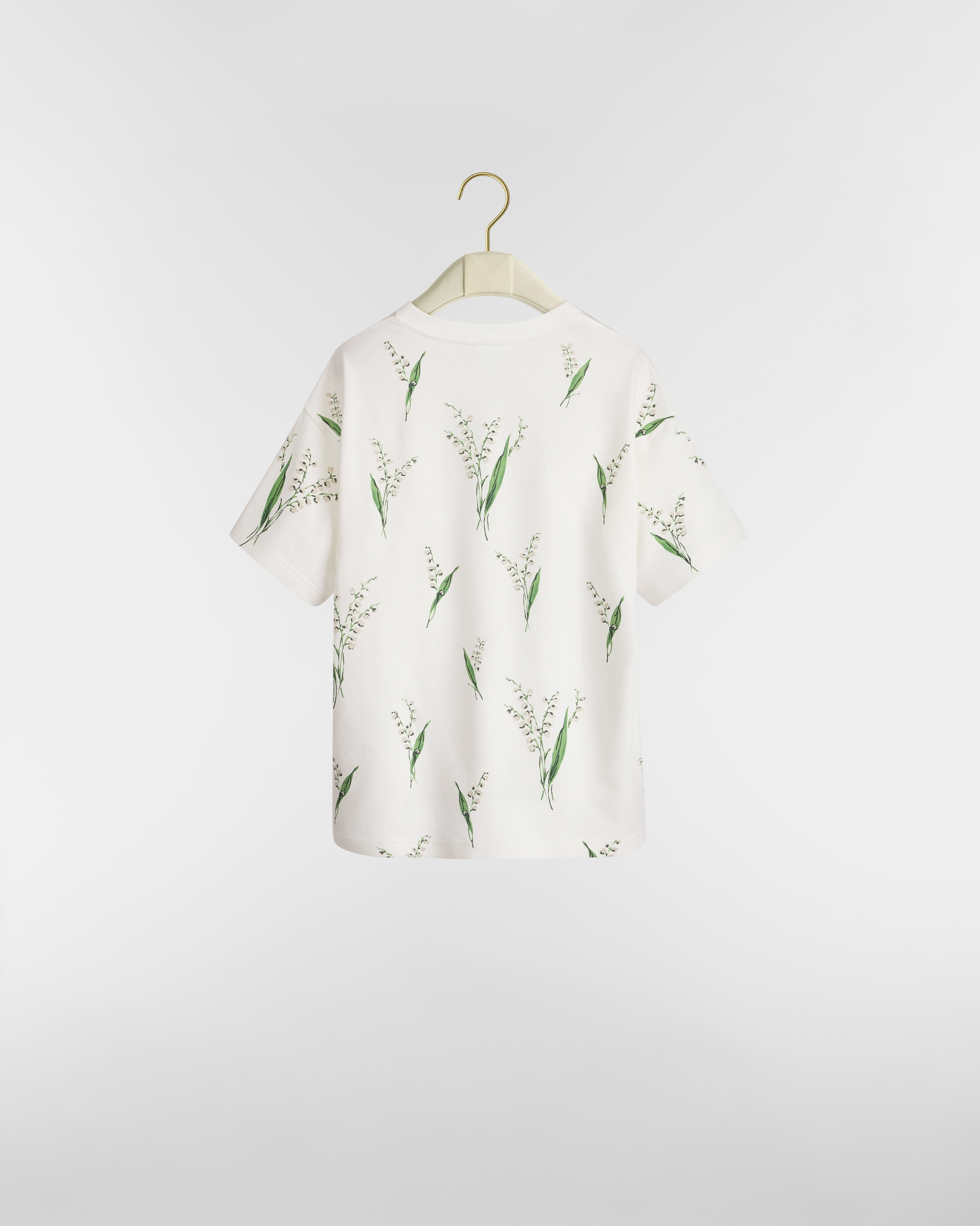 T-shirt oversize Jersey di seta bianco con motivo Lily of the Valley multicolore E08
