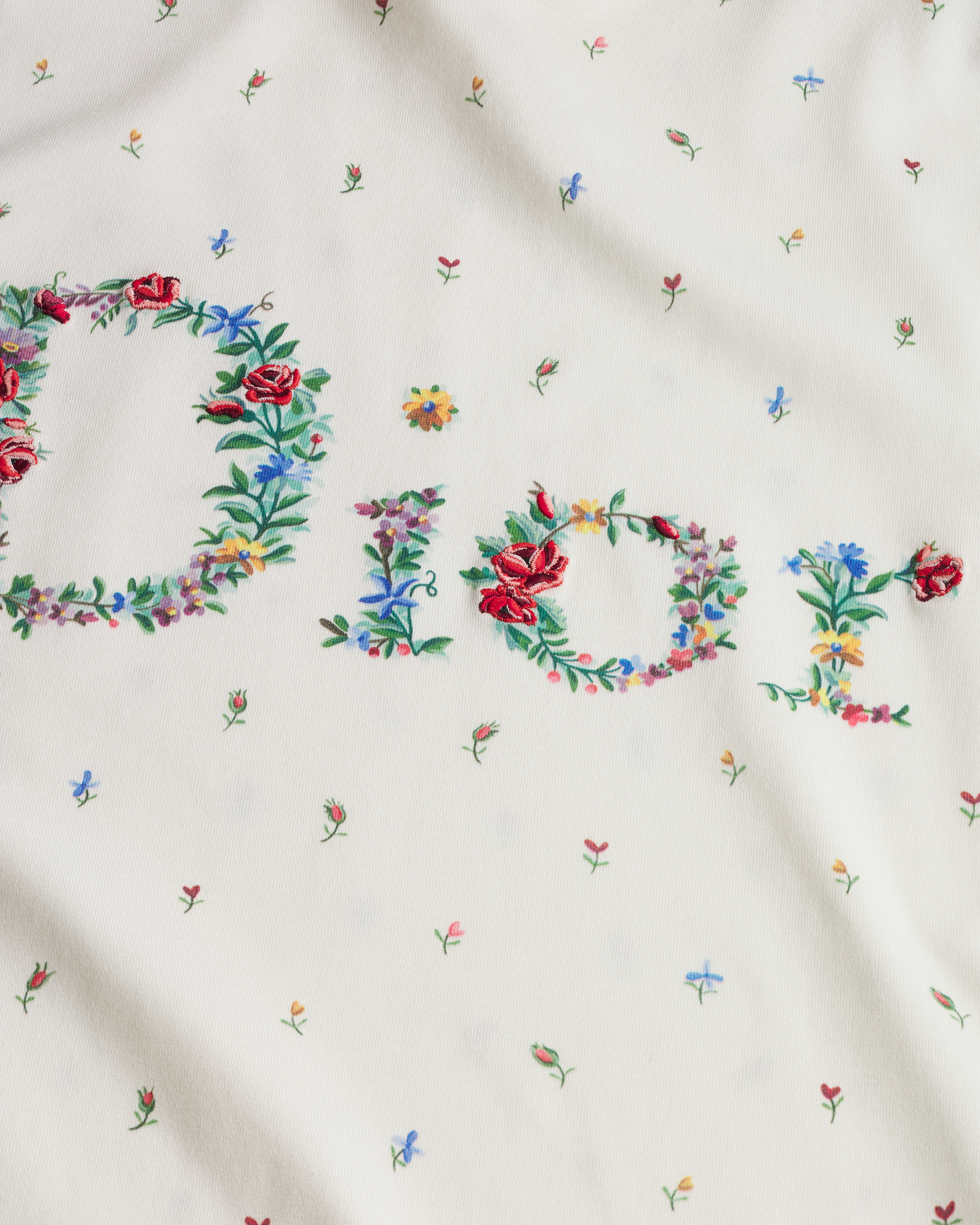 Dioramour Fitted T-Shirt White Cotton Jersey with Multicolor Dior Flowers Motif E09