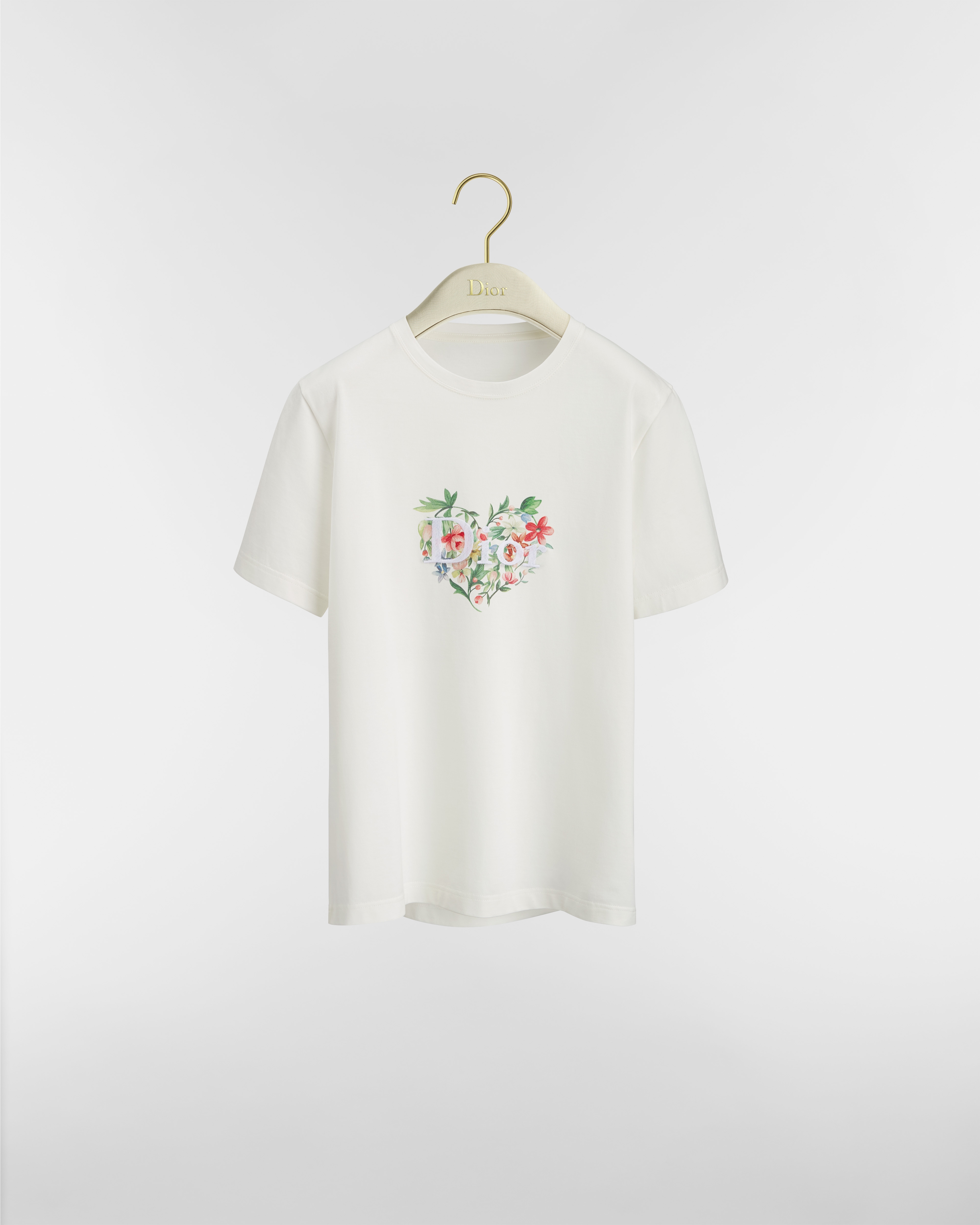 Dioramour Fitted T-Shirt White Cotton Jersey with Multicolor Floral Heart Motif E01