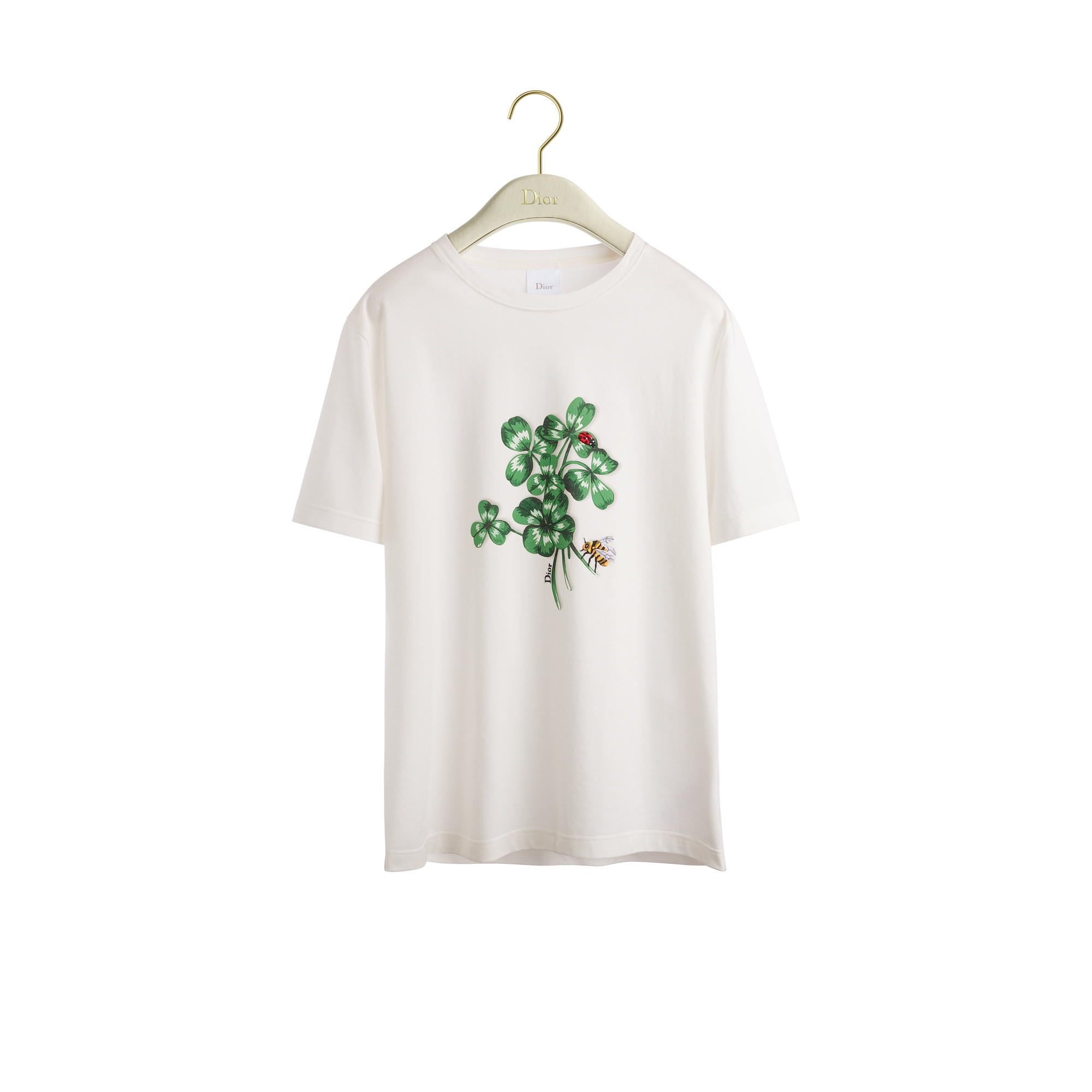 Fitted T-Shirt White Cotton Jersey with Green Dior Clover Motif E01