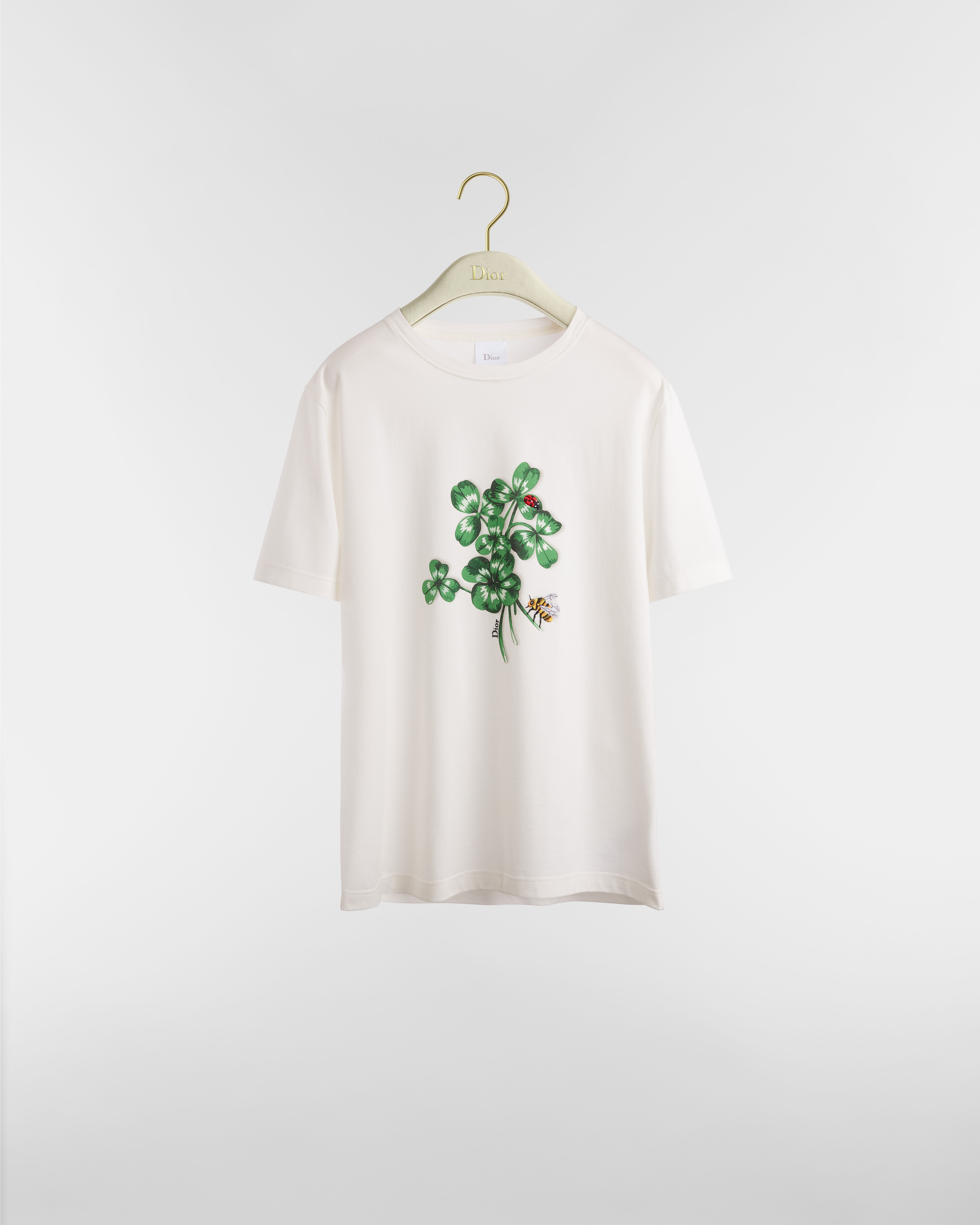 Fitted T-Shirt White Cotton Jersey with Green Dior Clover Motif E01