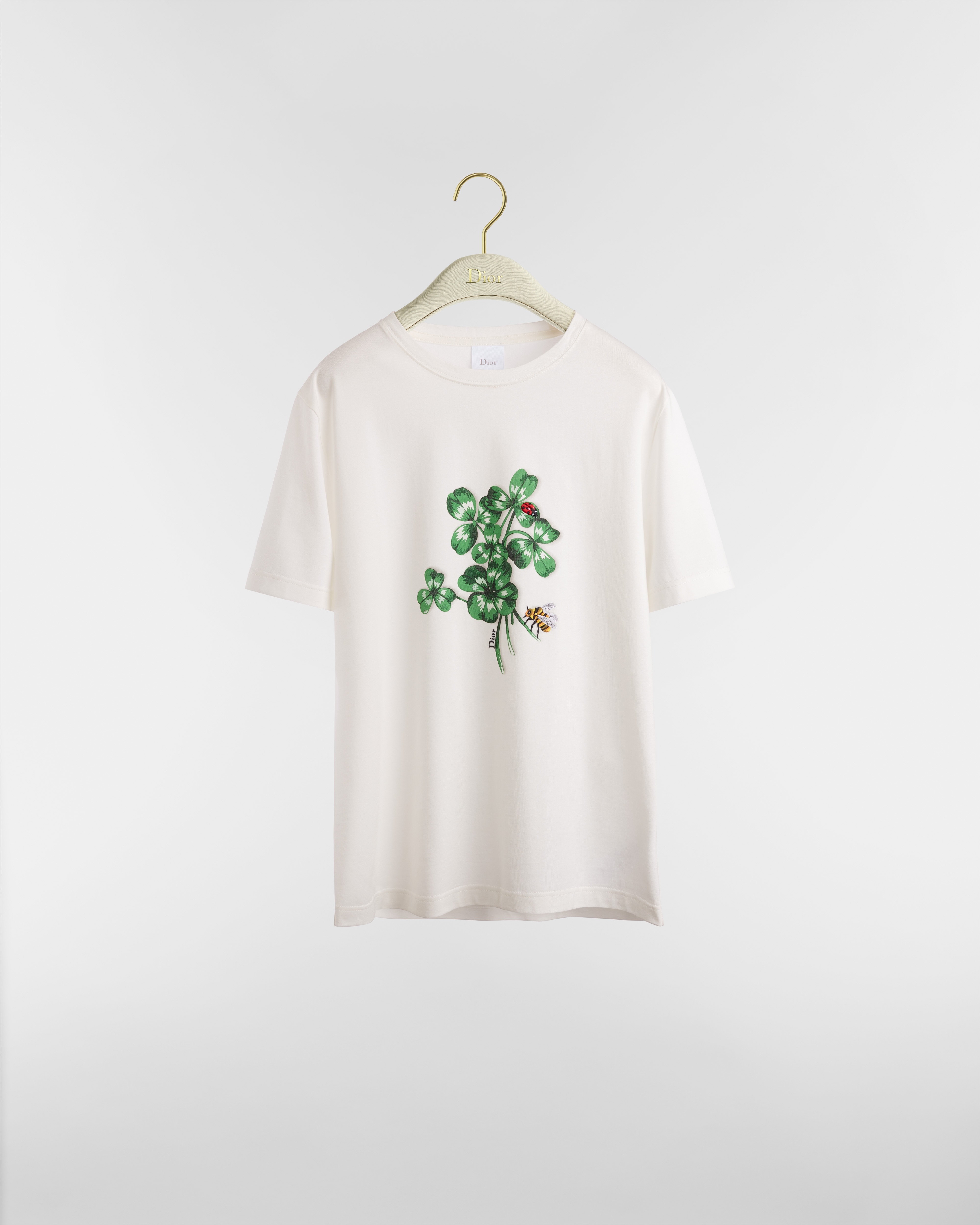 Fitted T-Shirt White Cotton Jersey with Green Dior Clover Motif E01