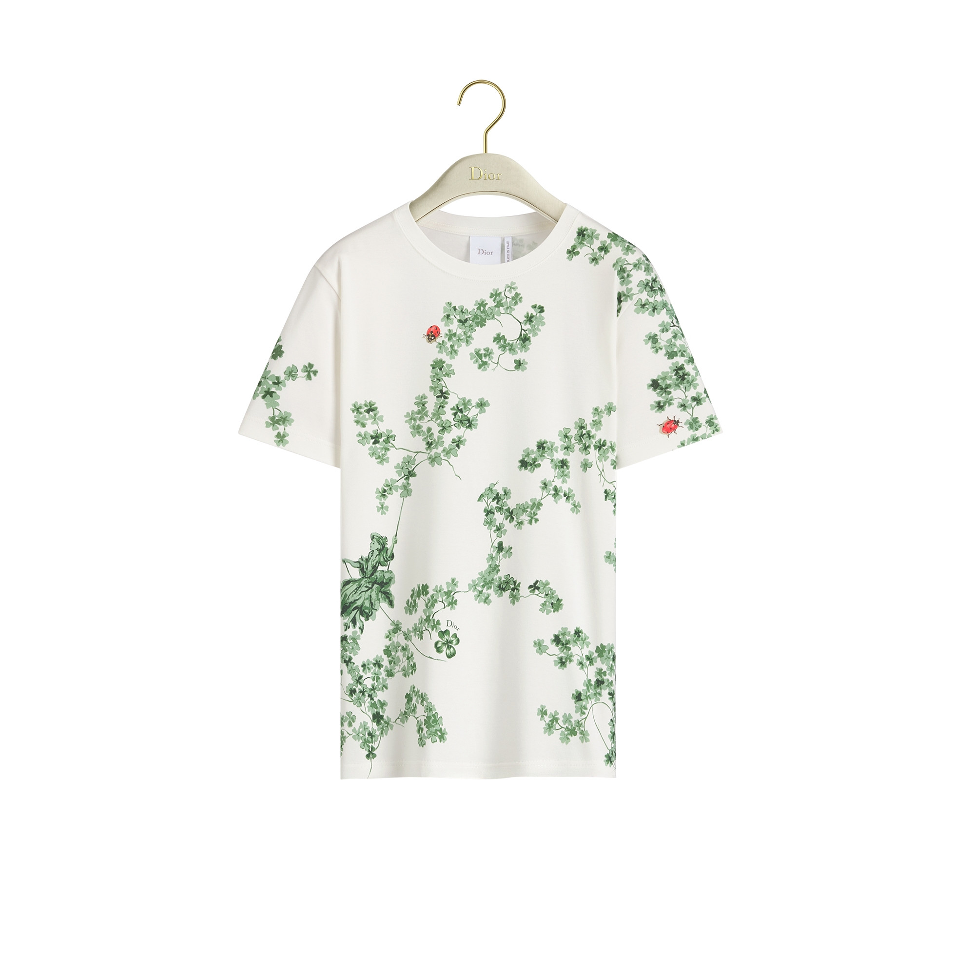 Fitted T-Shirt White Cotton Jersey with Green Toile de Jouy Clover Motif E01