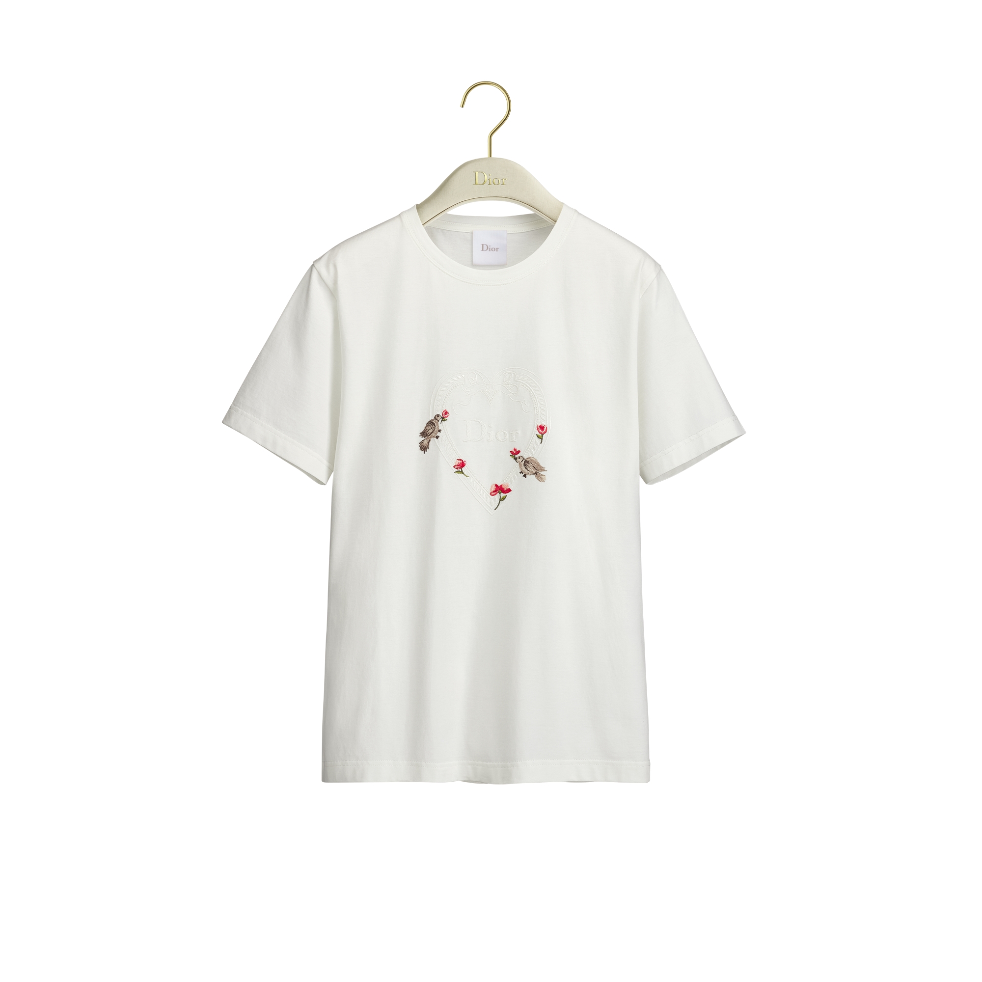 Dioramour Fitted T-Shirt White Cotton Jersey with Multicolor Doves & Roses Motif E01