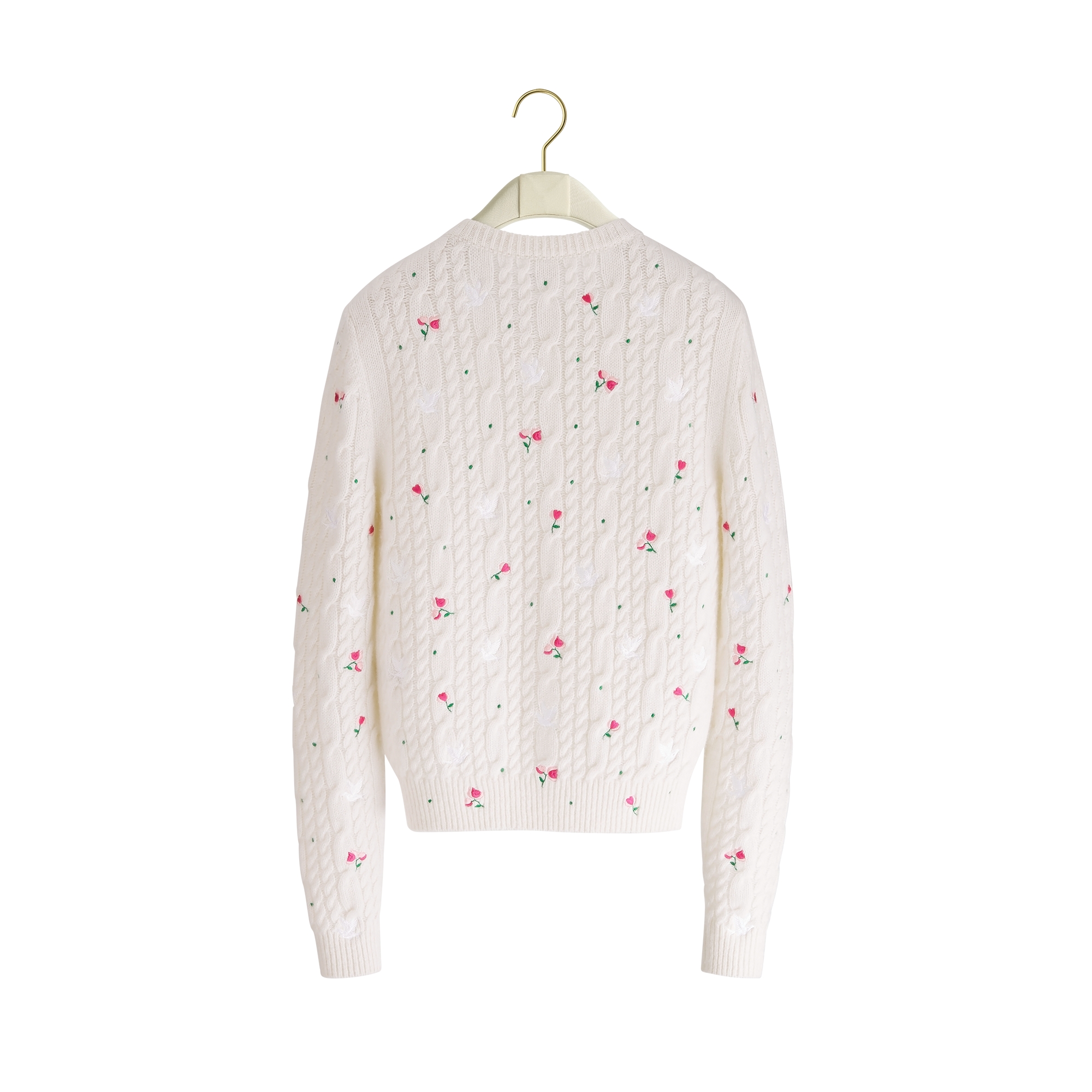 Dioramour Embroidered Cardigan Ecru Cashmere Cable-Knit with Multicolor Doves & Roses Motif E08