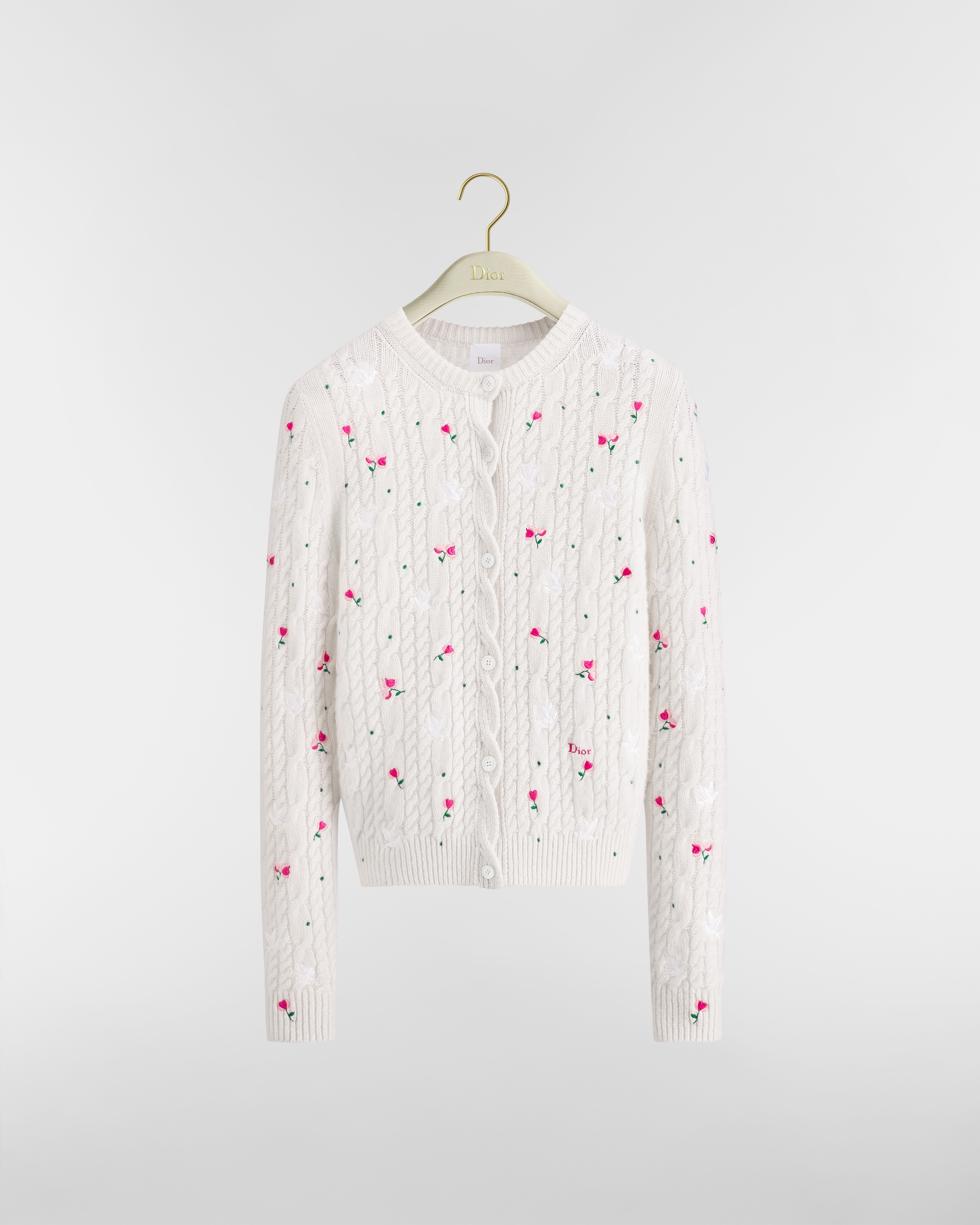 Dioramour Embroidered Cardigan Ecru Cashmere Cable-Knit with Multicolor Doves & Roses Motif E01