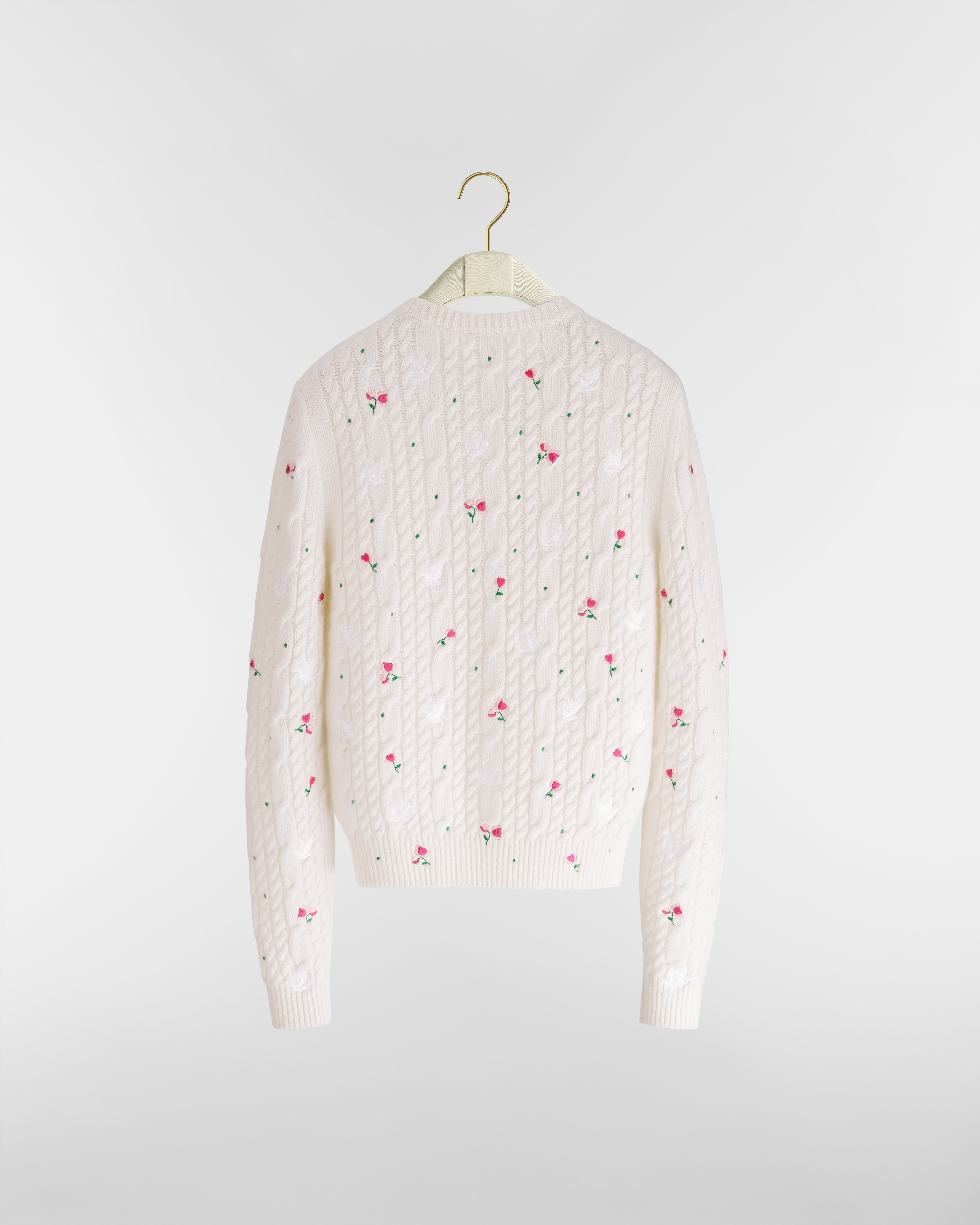 Dioramour Embroidered Cardigan Ecru Cashmere Cable-Knit with Multicolor Doves & Roses Motif E08