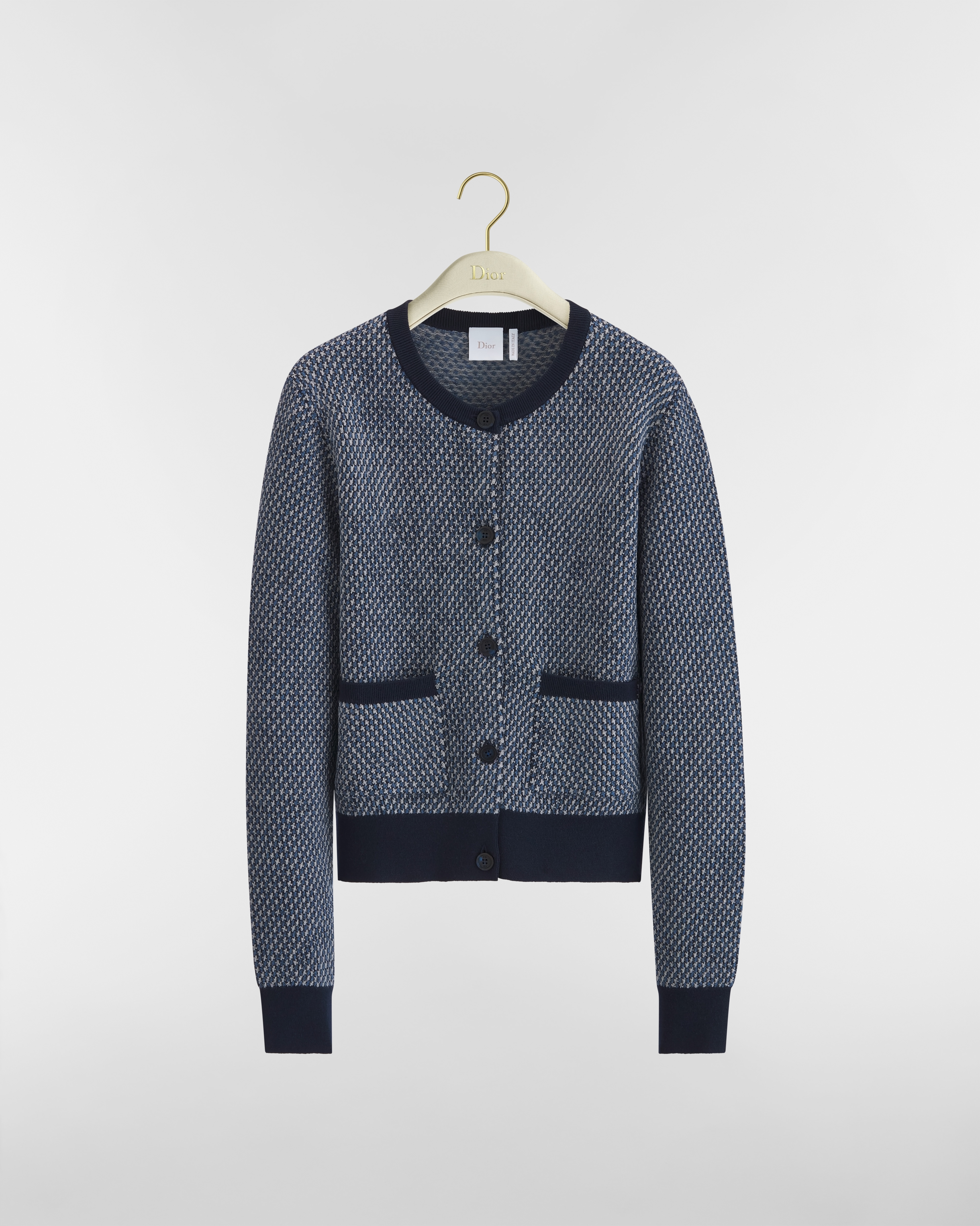 Cardigan Jacquard de laine bleu marine et blanc E01